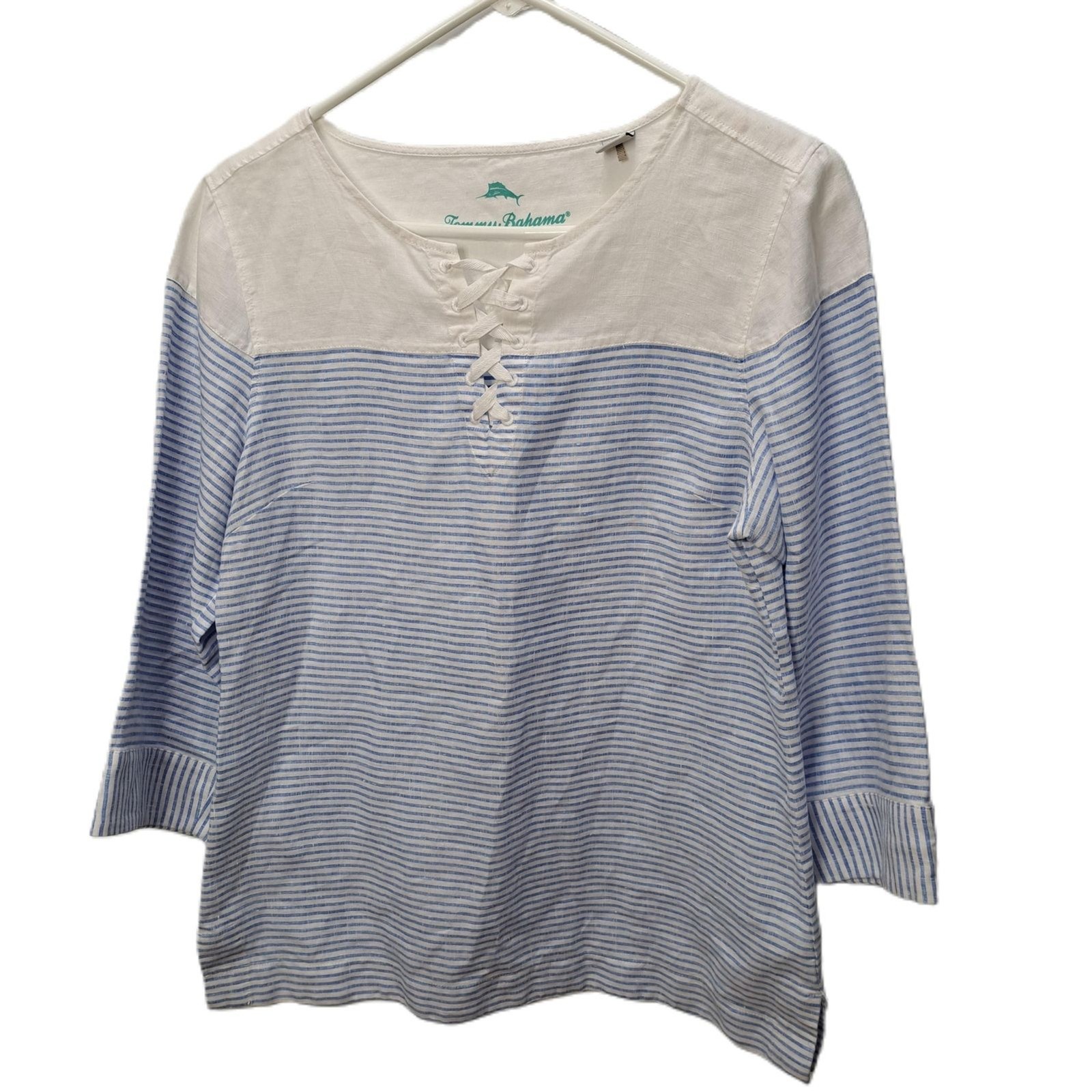 Tommy Bahama Crystaline Water Blue White Linen Lace Up Henley Shirt Top Medium