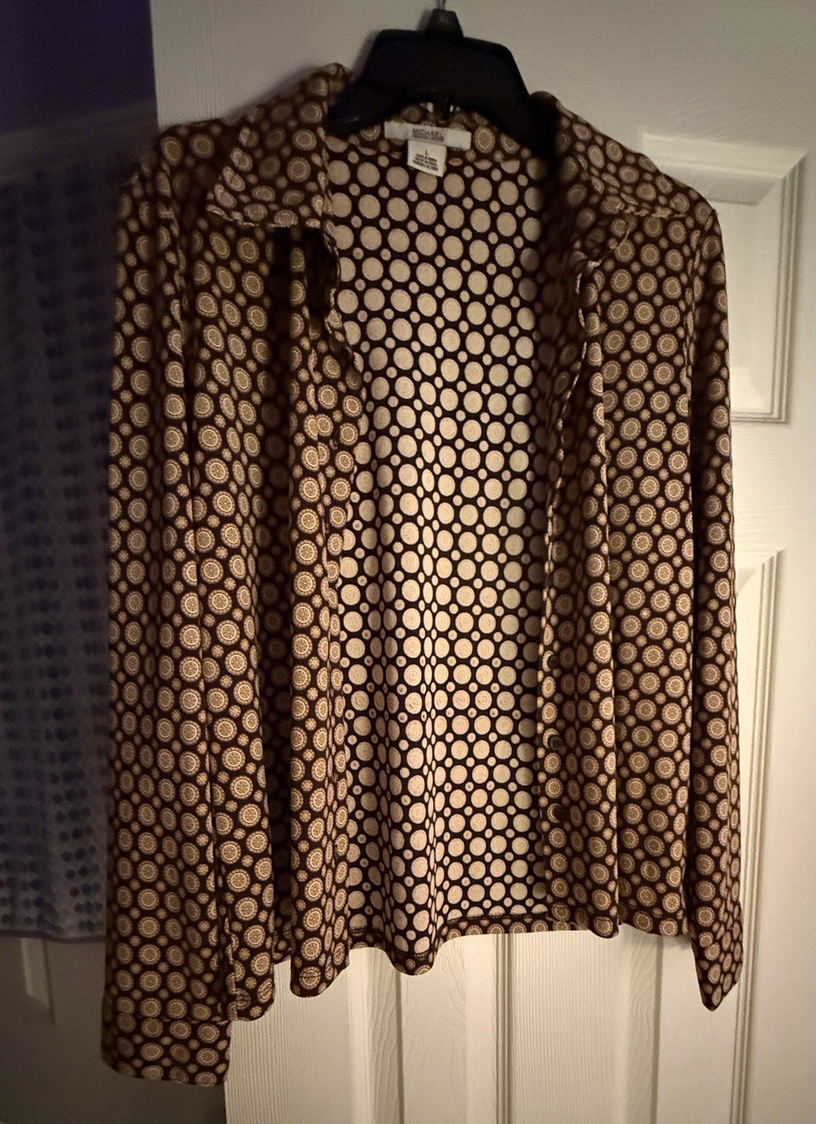 Michael Kors Women’s Large Brown & Cream Geometric Print Button-Up Blouse L