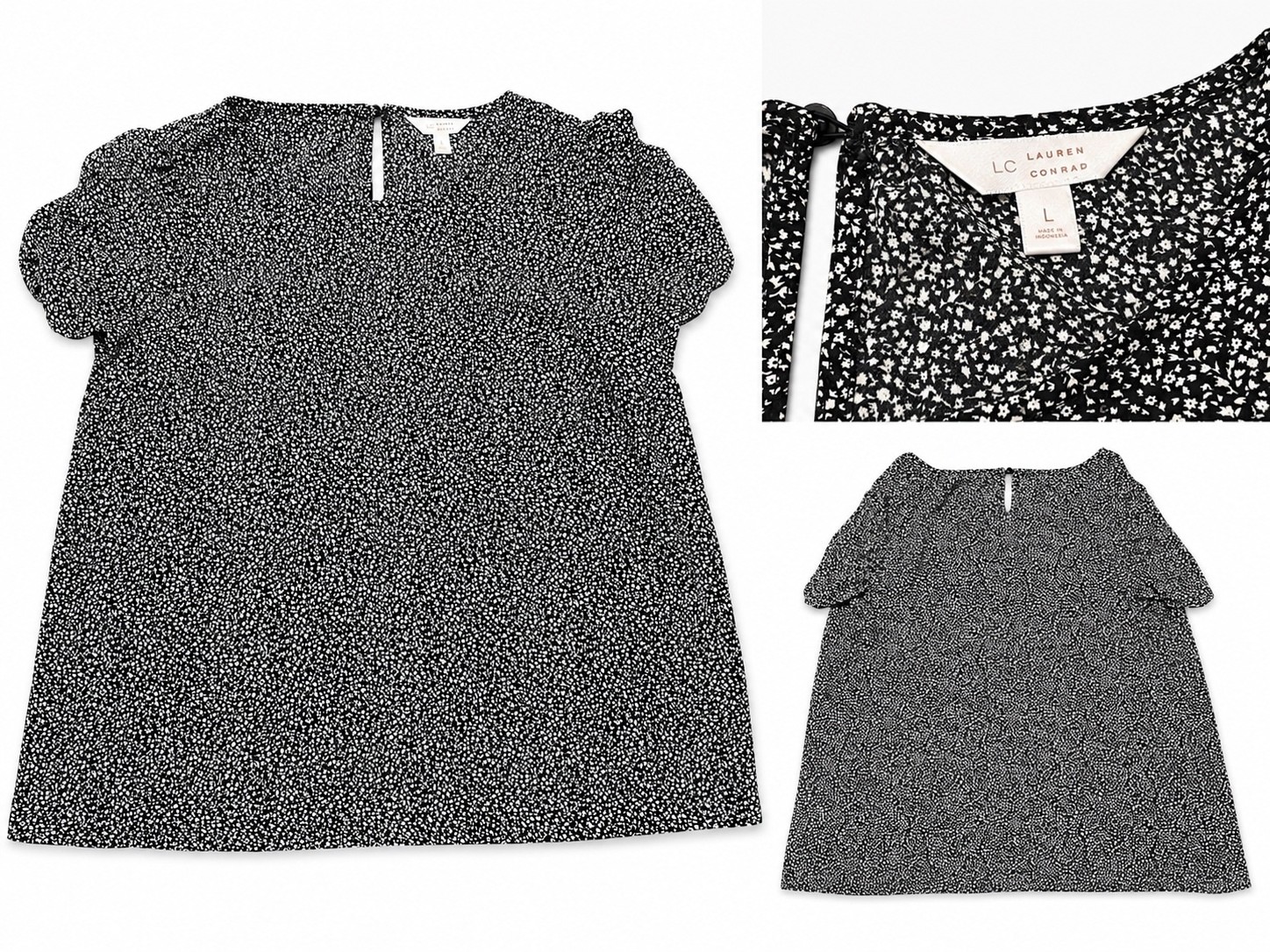 LC Lauren Conrad Black and White Floral Print Blouse, Size Large