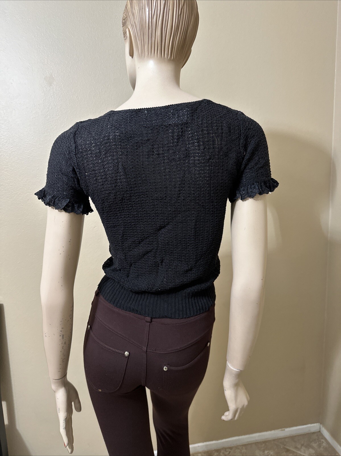 Women’s Black Cotton Crochet Casual Stretch Slim Sheer Lace Beaded One Size Top