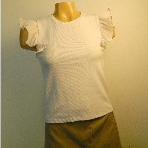 Zara Ruffle Sleeve Top Womens Small White Ribbed Knit Contrast Stitch Cap Sleeve