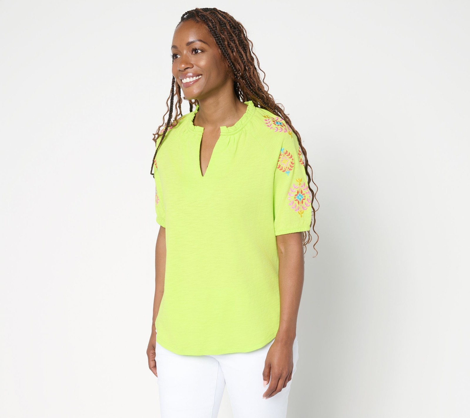 Over 50 & Fabulous Women’s Top Sz L Slub Knit Embroidered Sleeve Green A688058
