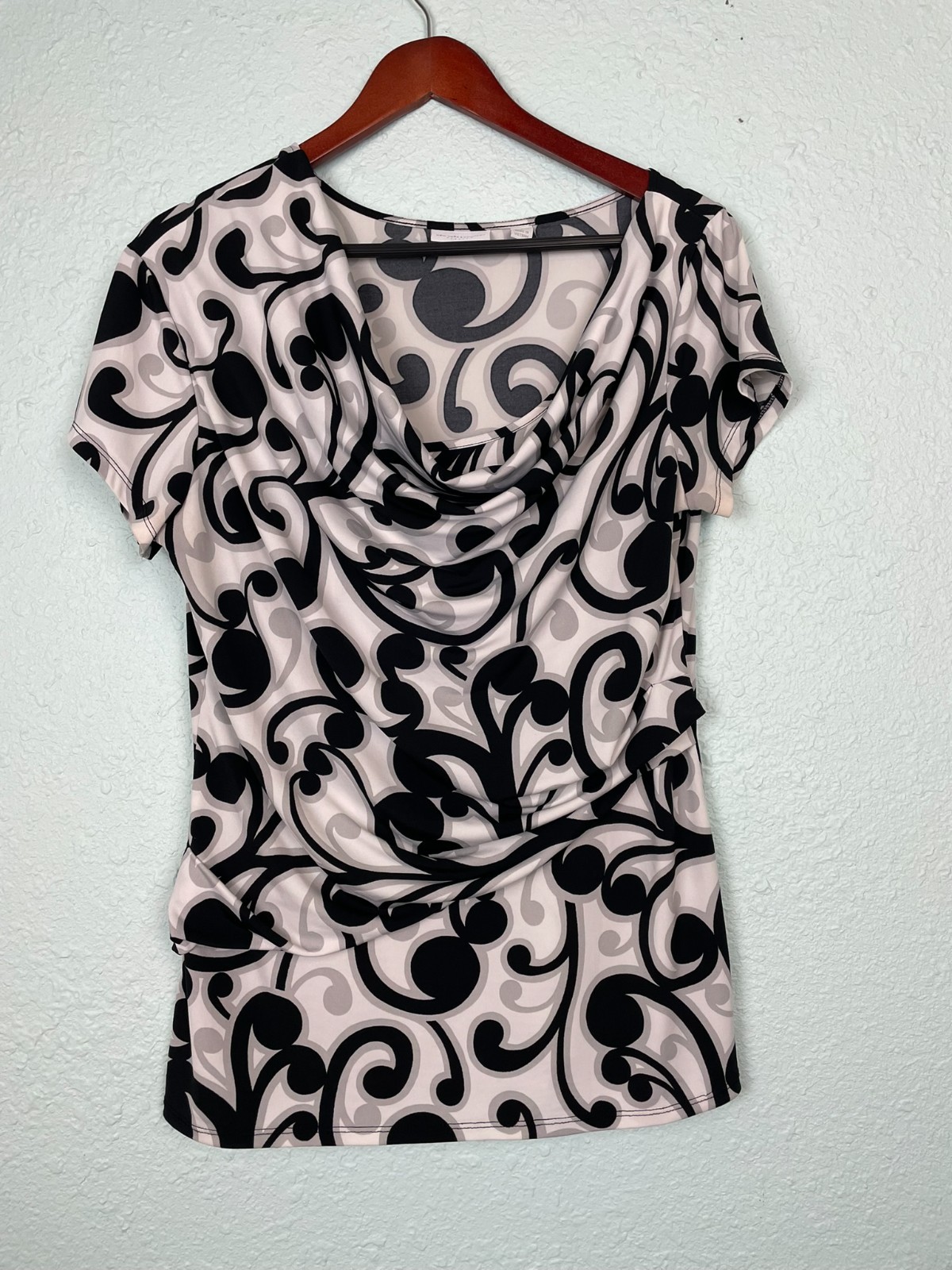 NEW YORK & CO NY & CO Womens L White Black Gray Draped Uneven Shoulder Top 200