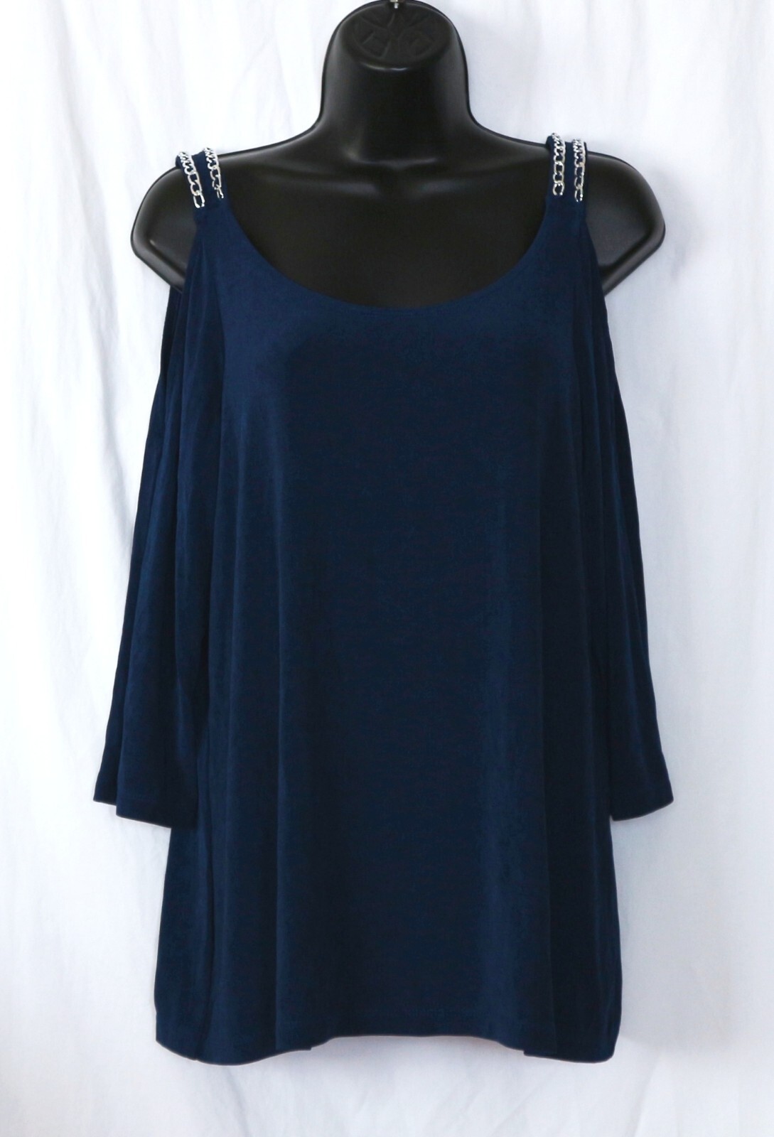 CHICO’S TRAVELERS Blue Cold Shoulder Top 40 In Chest 26 In Long Sz 2 (L) EXC
