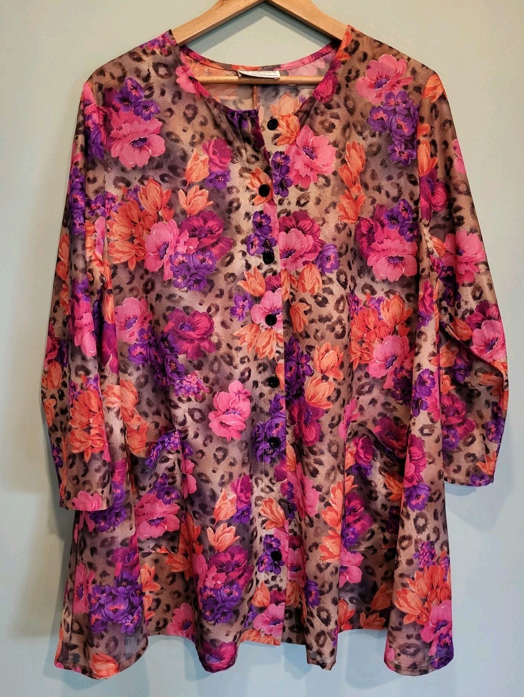 Colorful Floral Sheer Oversized Relaxed Fit Button Up Tunic Top Pockets Sz XL