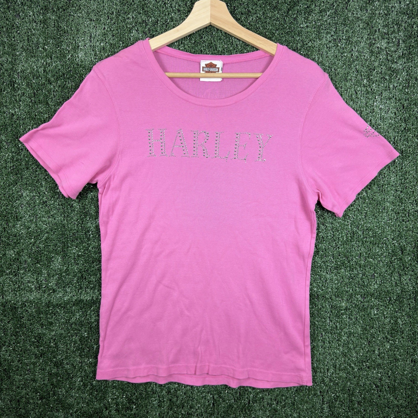 Harley Davidson Women’s Medium Short Sleeve T-Shirt Rhinestones Logo Pink Biker