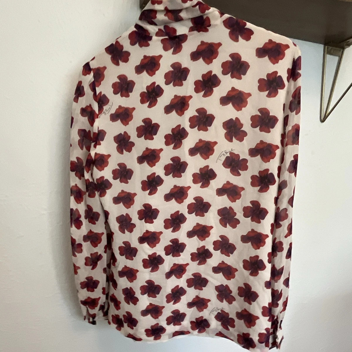Tory Burch White Floral Silk V-Neck Tie Bow Long Sleeve Blouse 4