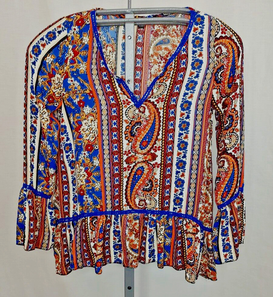 Living Doll Top Shirt Paisley Floral Ruffles Boho Womens Size Sm Hippie Festival