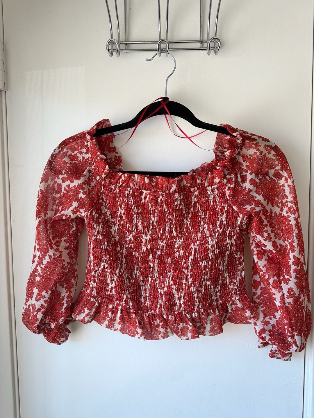 Red Floral Print Smocked Long Sleeve Ruffle Crop Top