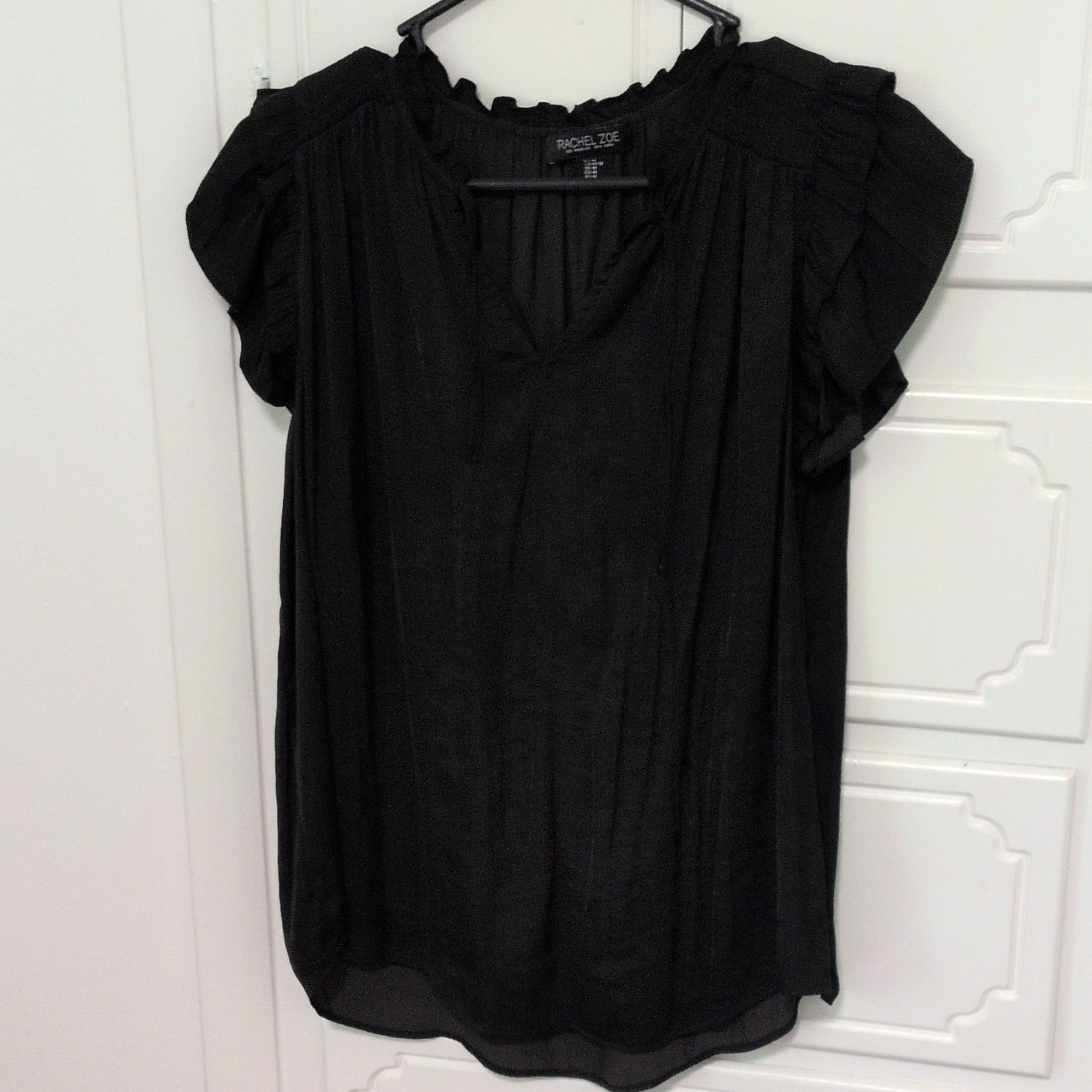Rachel Zoe Women’s Solid Blouse M Black V-Neck Flutter Sleeve Ruffle