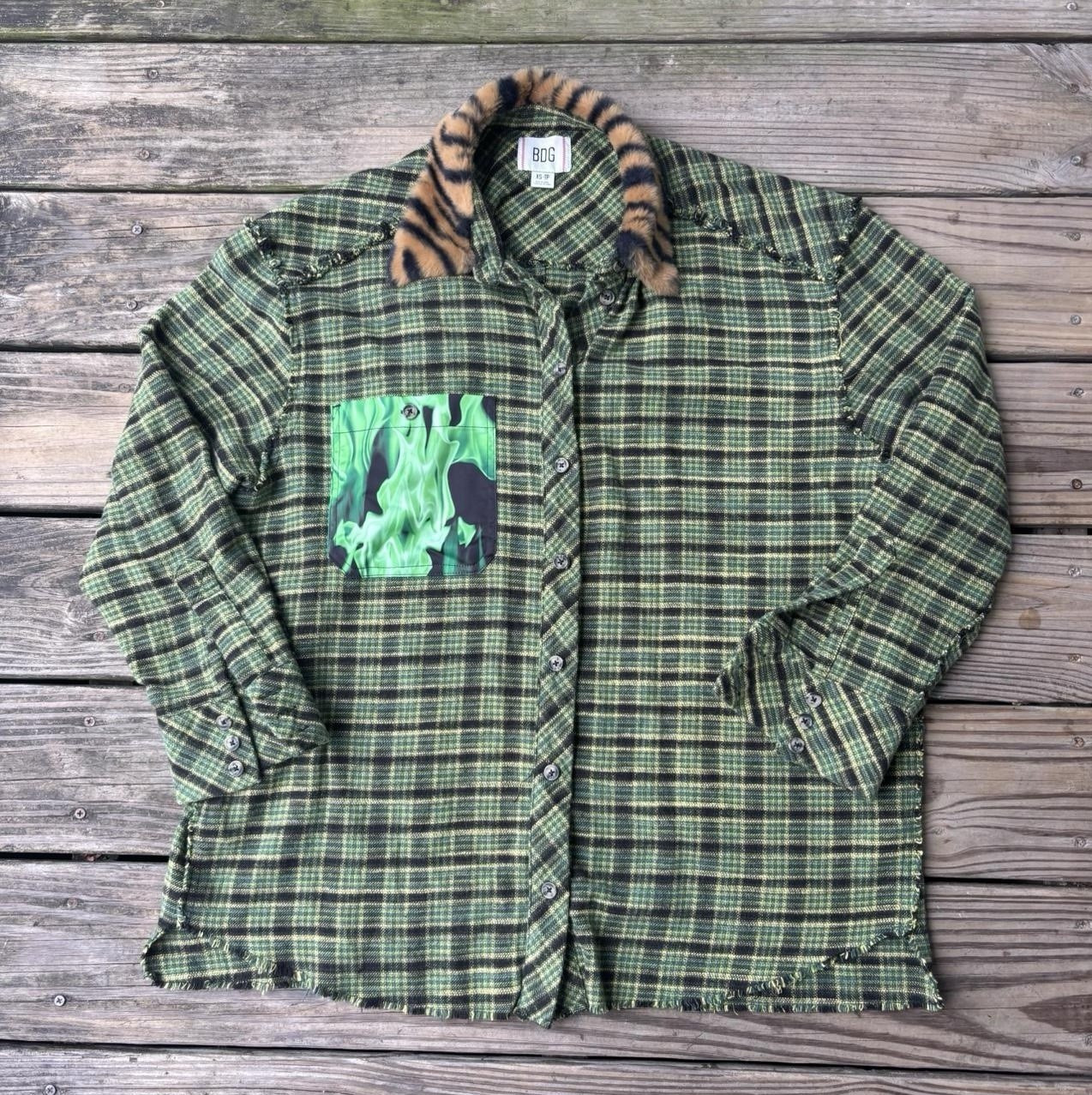 BDG Oversized Plaid Flannel Button Up with Fur Collar and Raver Pocket