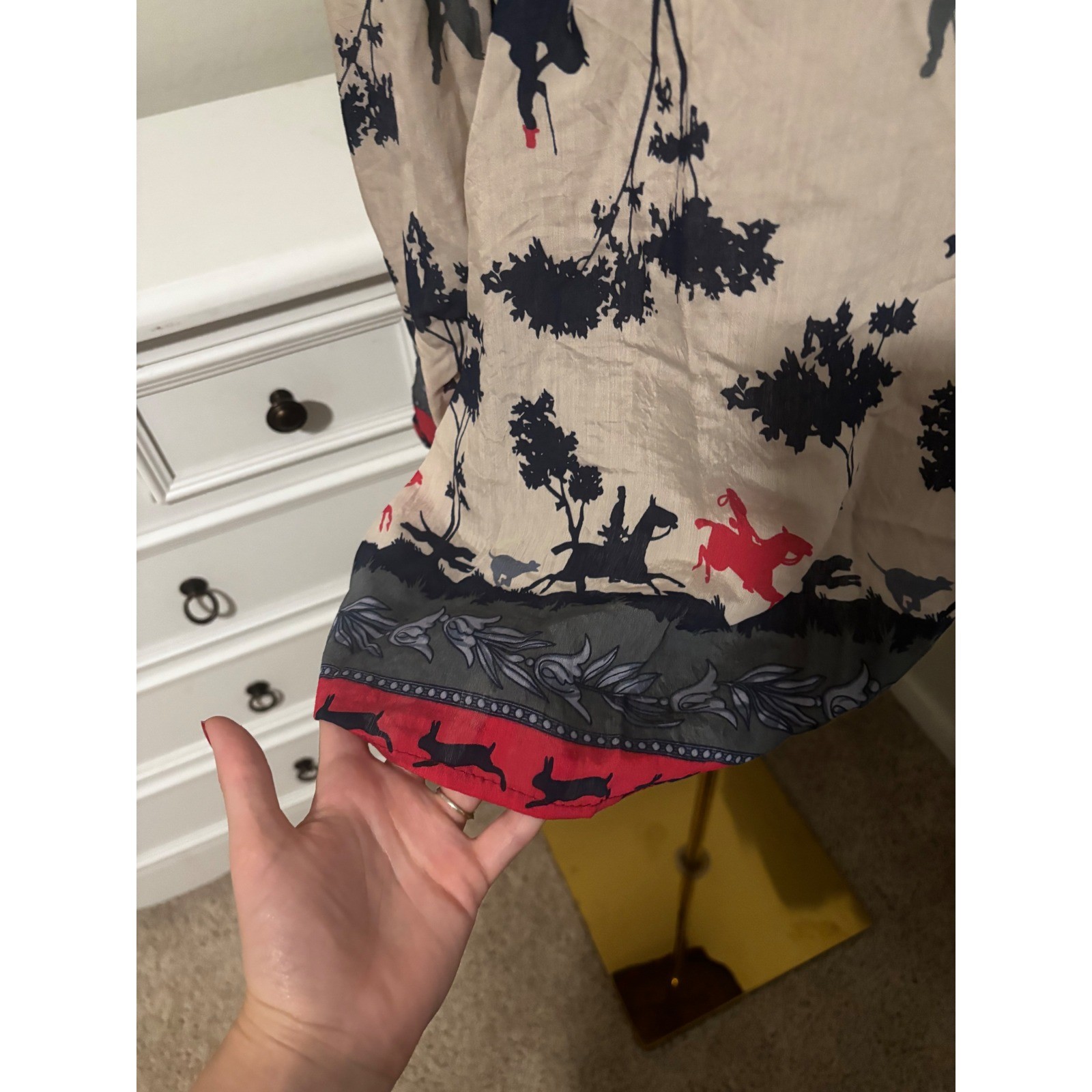 Equestrian Toile Print Blouse Long Sleeve Fox Hunt Horse Carriage Cream Red Navy