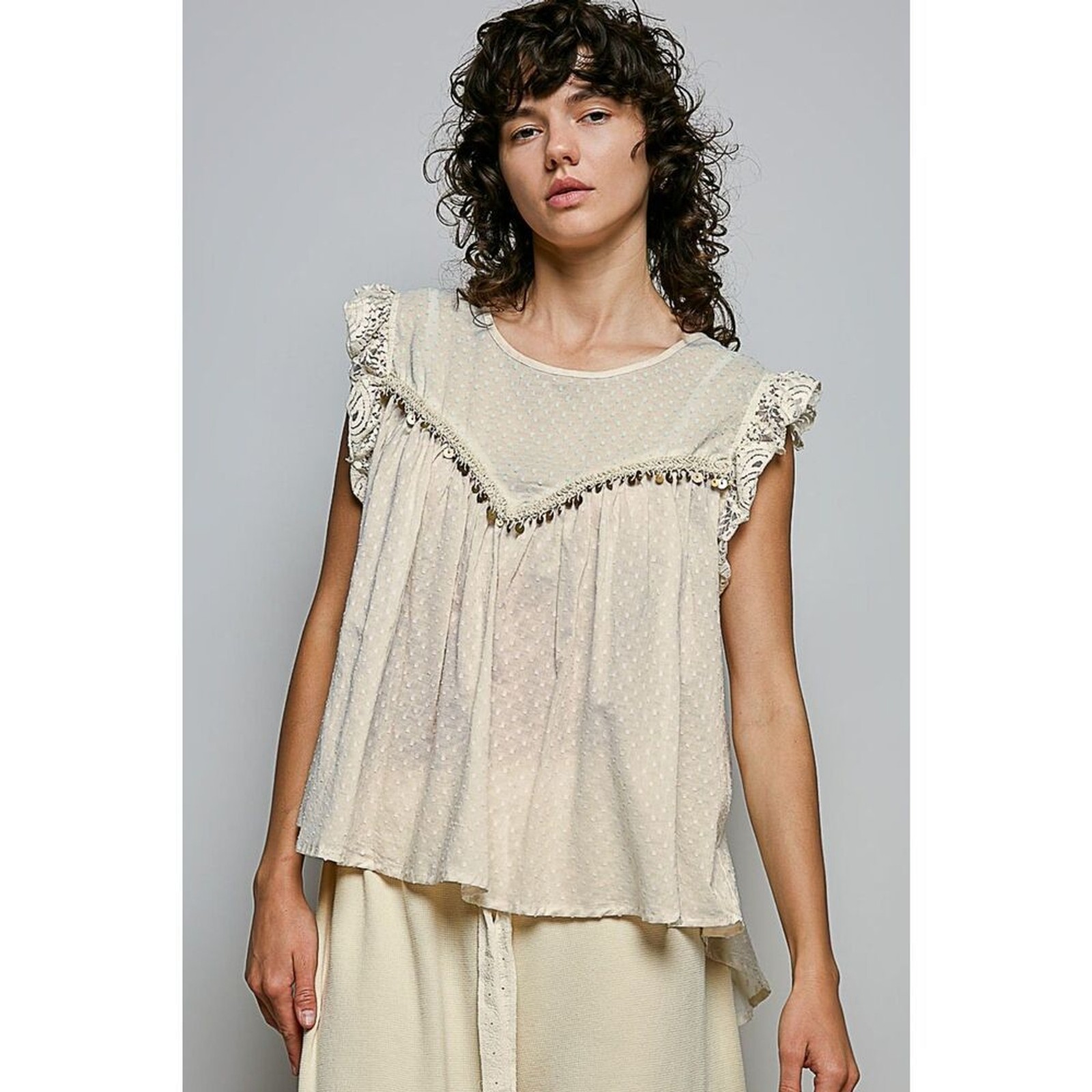 POL Artisanal Lace & Metallic Disc Detail Sleeveless Blouse Size S