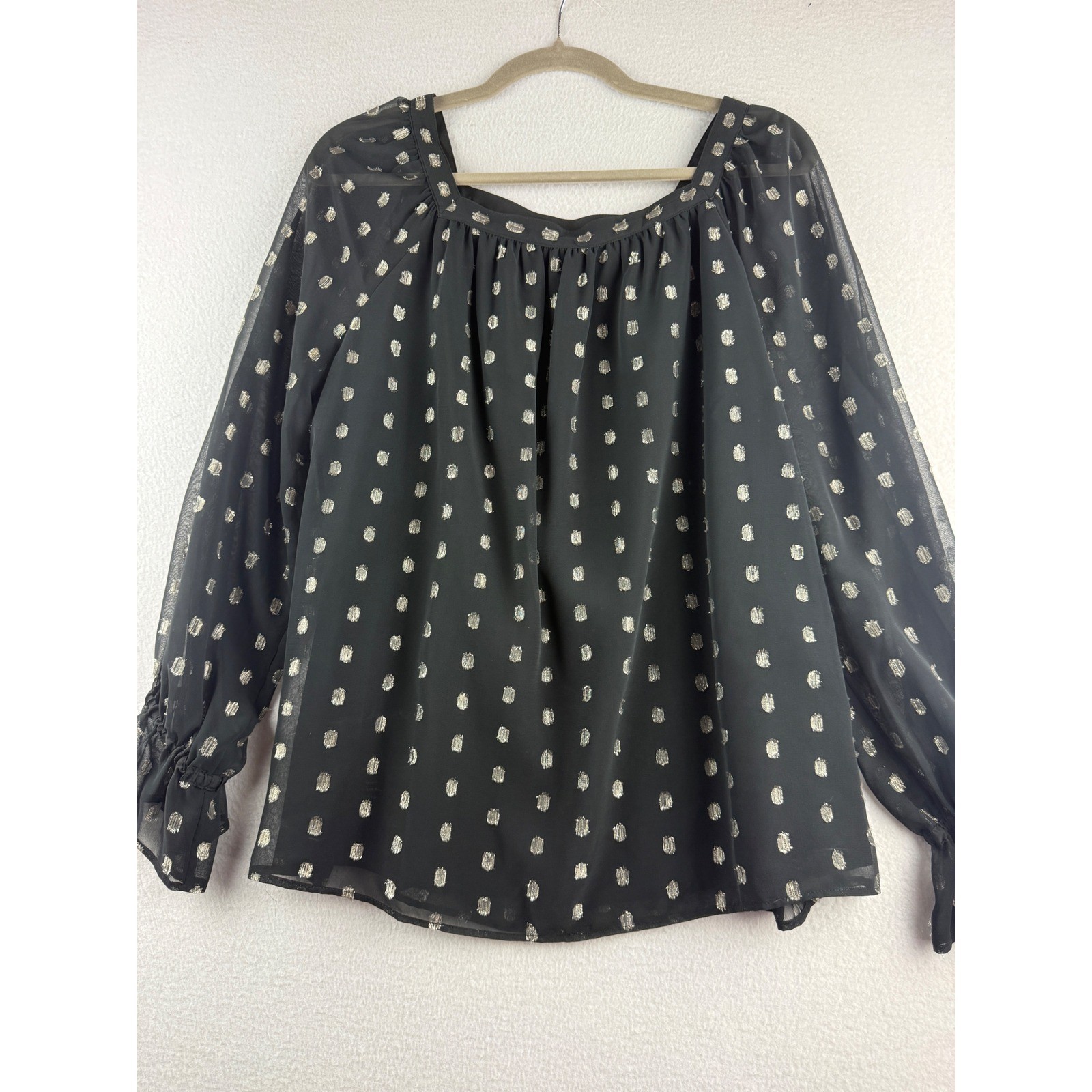 Talbots Womens Black Silver Metallic Foil Dot Square Neck Bishop Sleeve Blouse L