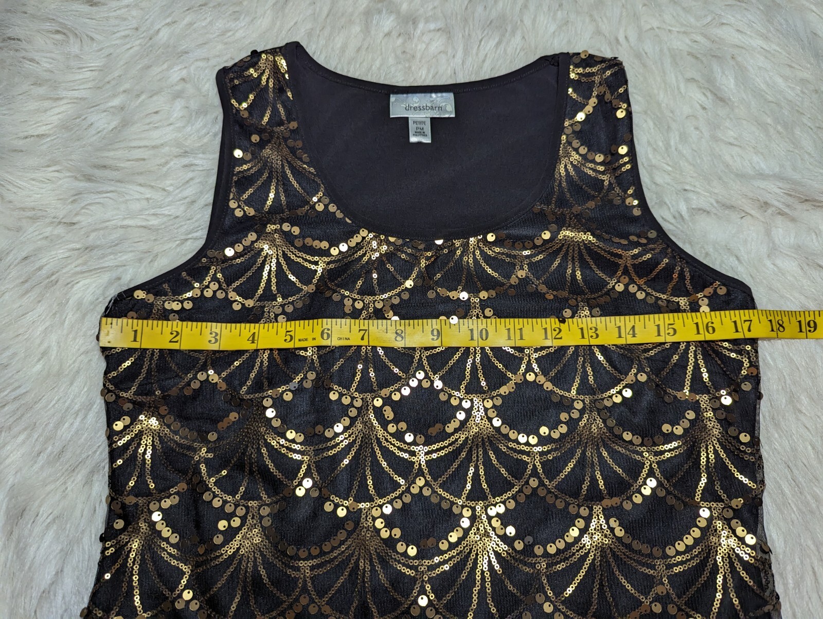 DRESSBARN Dressy Tank Top Black Gold SEQUIN Metallic Sleeveless Blouse PETITE M