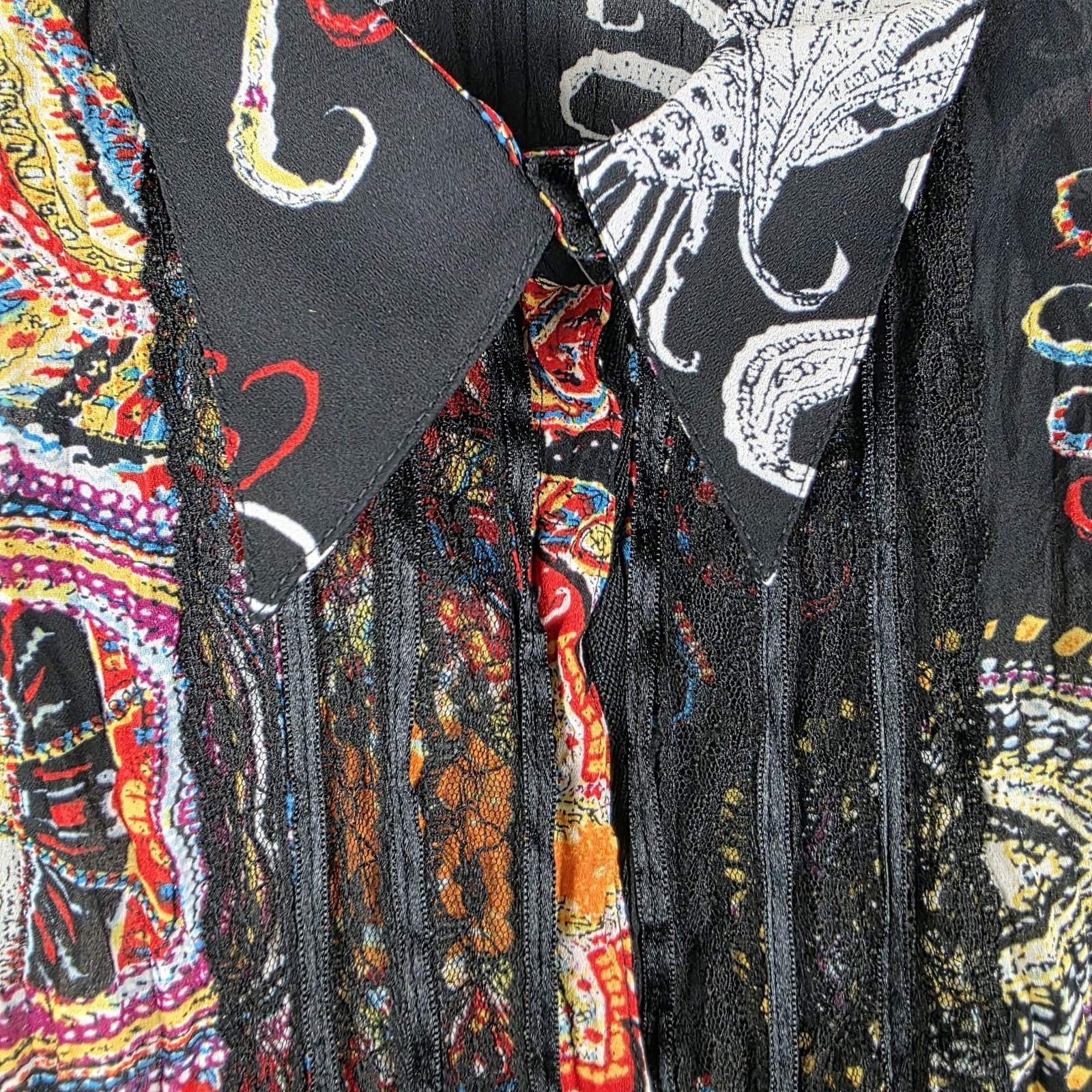 Violet & Claire Womens L Blouse Black Sheer Paisley Lace Trim Boho Western Top