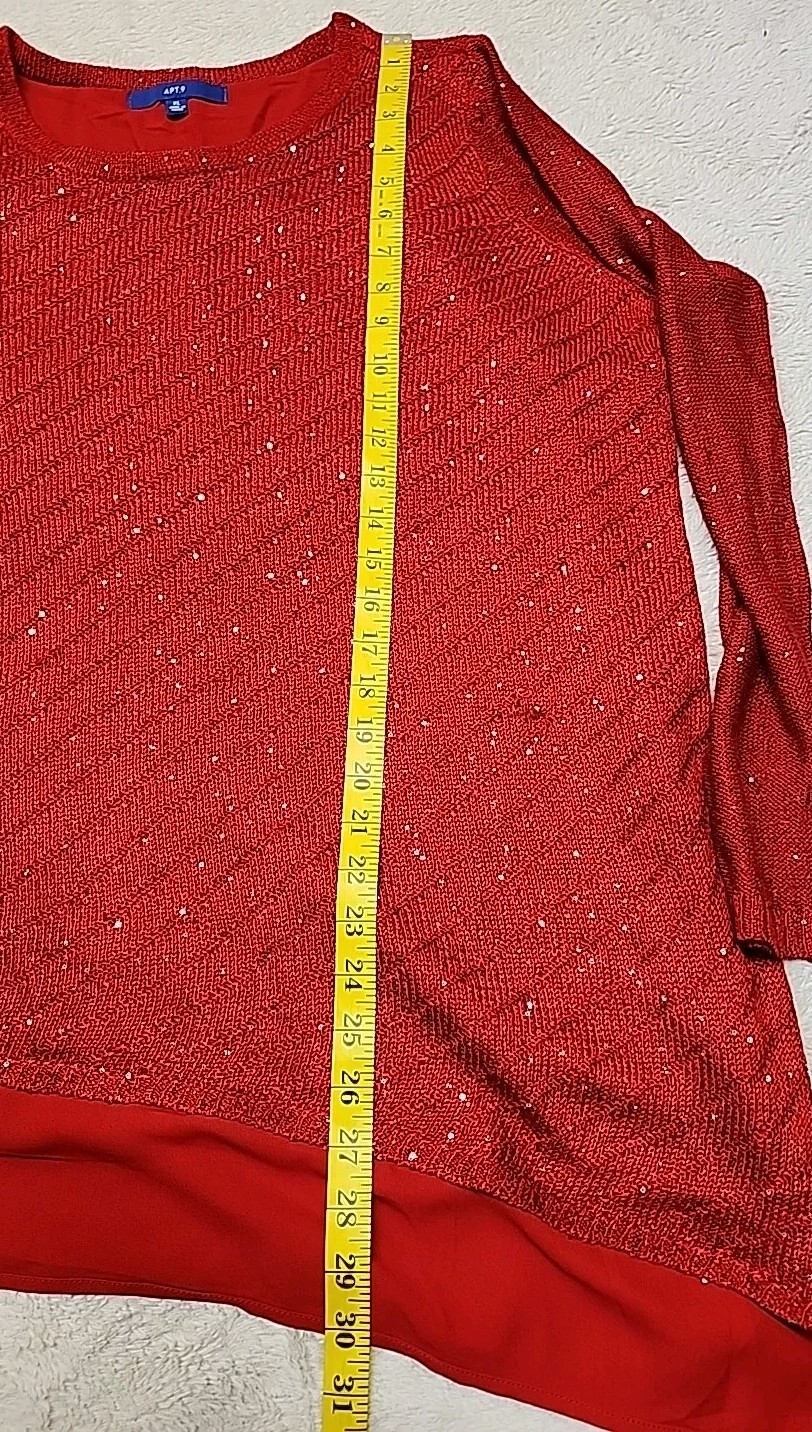 • Apt. 9 Long Sleeve Knit Sequence Lined Top Size XL Red Polyester Rayon Blend
