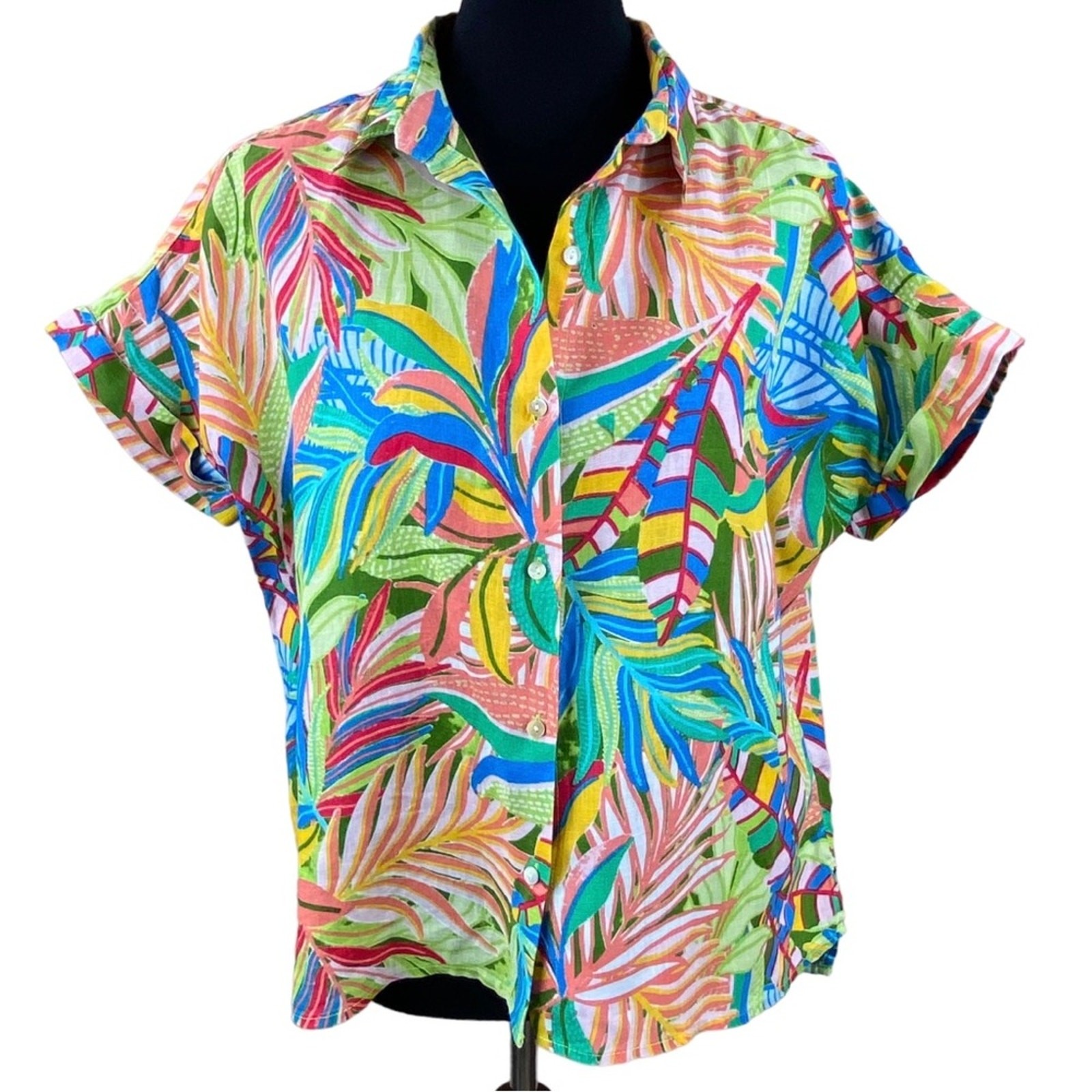 100% Linen Bright Tropical Floral Camp Shirt Size L Beach Resort Cruise