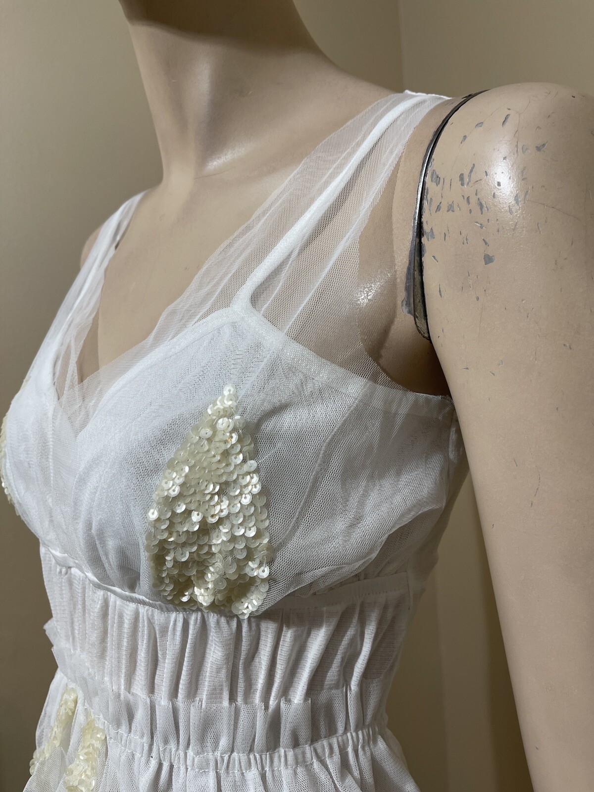 Women’s White Polyester Cocktail Layered Lace Beaded Pleated Size M Blouse Top