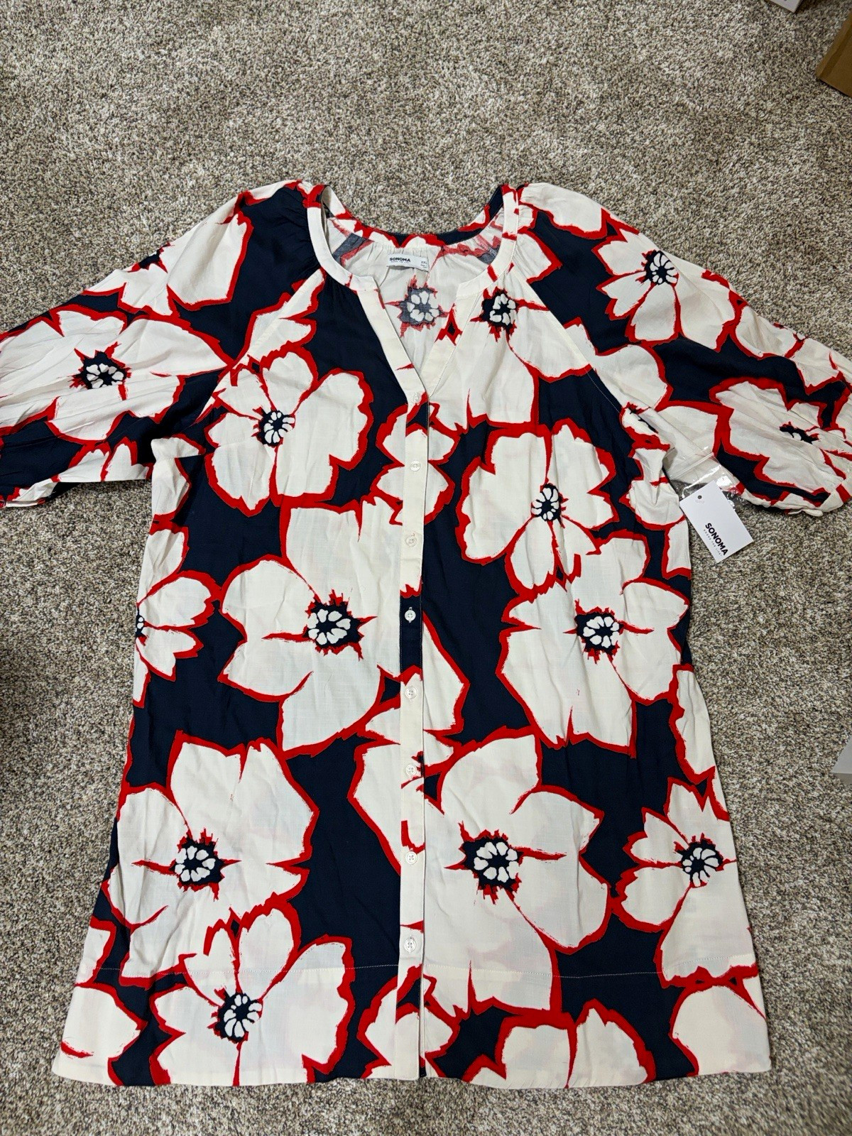 Sonoma Women’s XXL White Red Blue Floral V-Neck Short Sleeve Button Blouse
