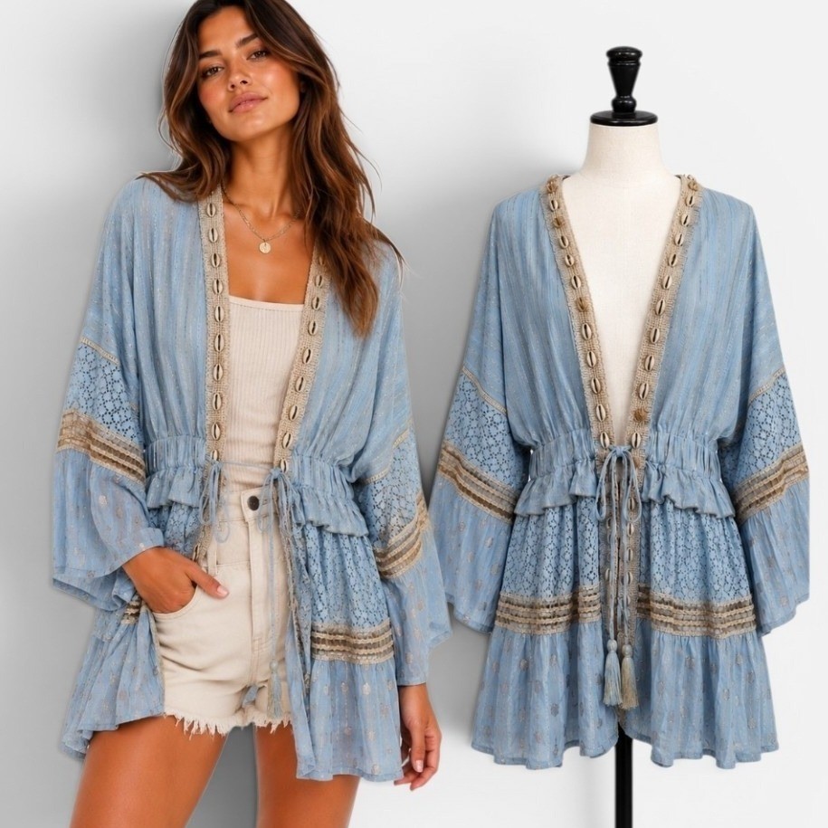 POL Cardigan Women Small Blue Gold Metallic Lace Shell Trim Boho SMQG2