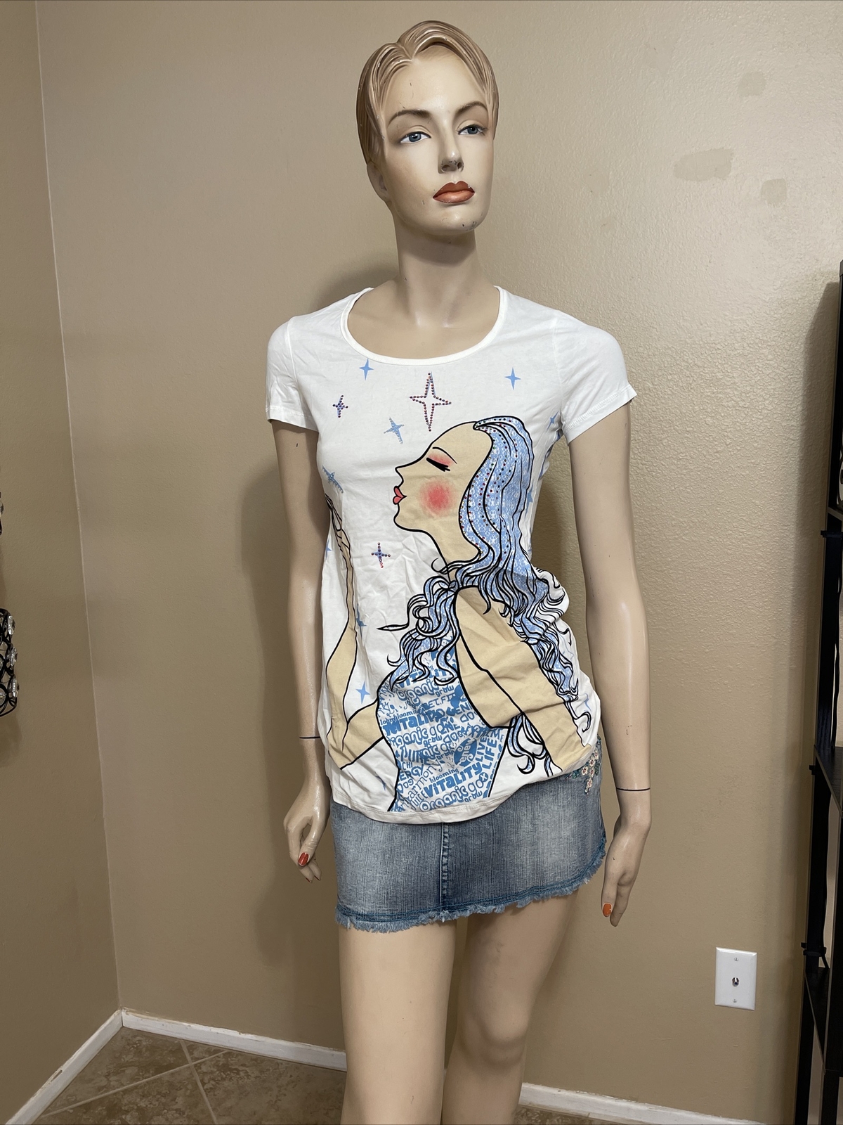 Women’s White Printed Cotton Casual Summer Beaded Glitter Size M Blouse Top