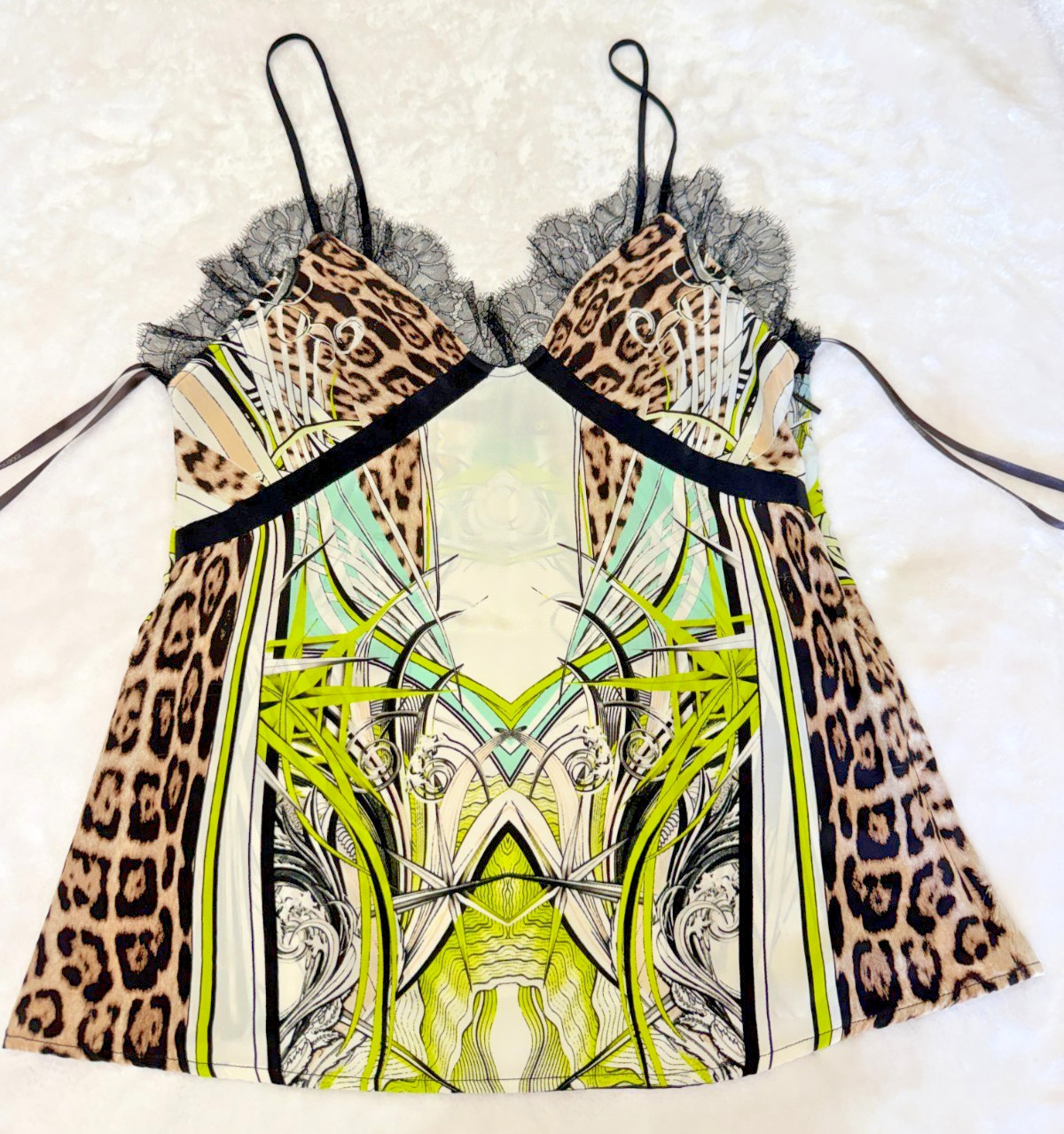 Roberto Cavalli Silk Leopard Print Lace Camisole Top Size IT 42 US 6 Y2K Italy