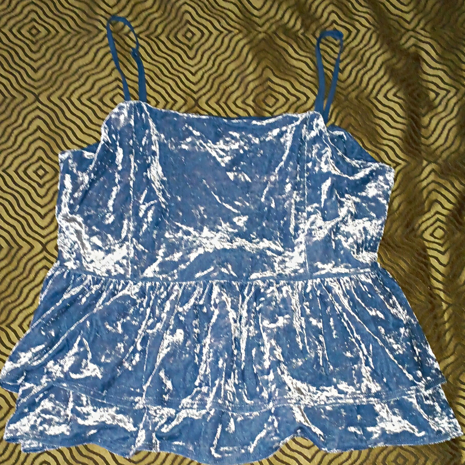 Large American Eagle Sky Blue Velour Velvet Spaghetti Strap Ruffle Hem Cami Tank