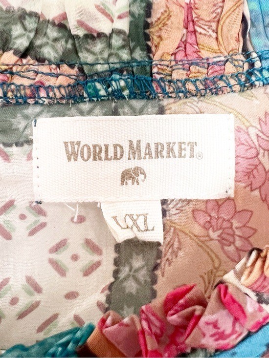 WORLD MARKET TAN RED TEAL BLUE SEMI SHEER BOHO PLEATED NECKLINE BLOUSE SZ L/XL