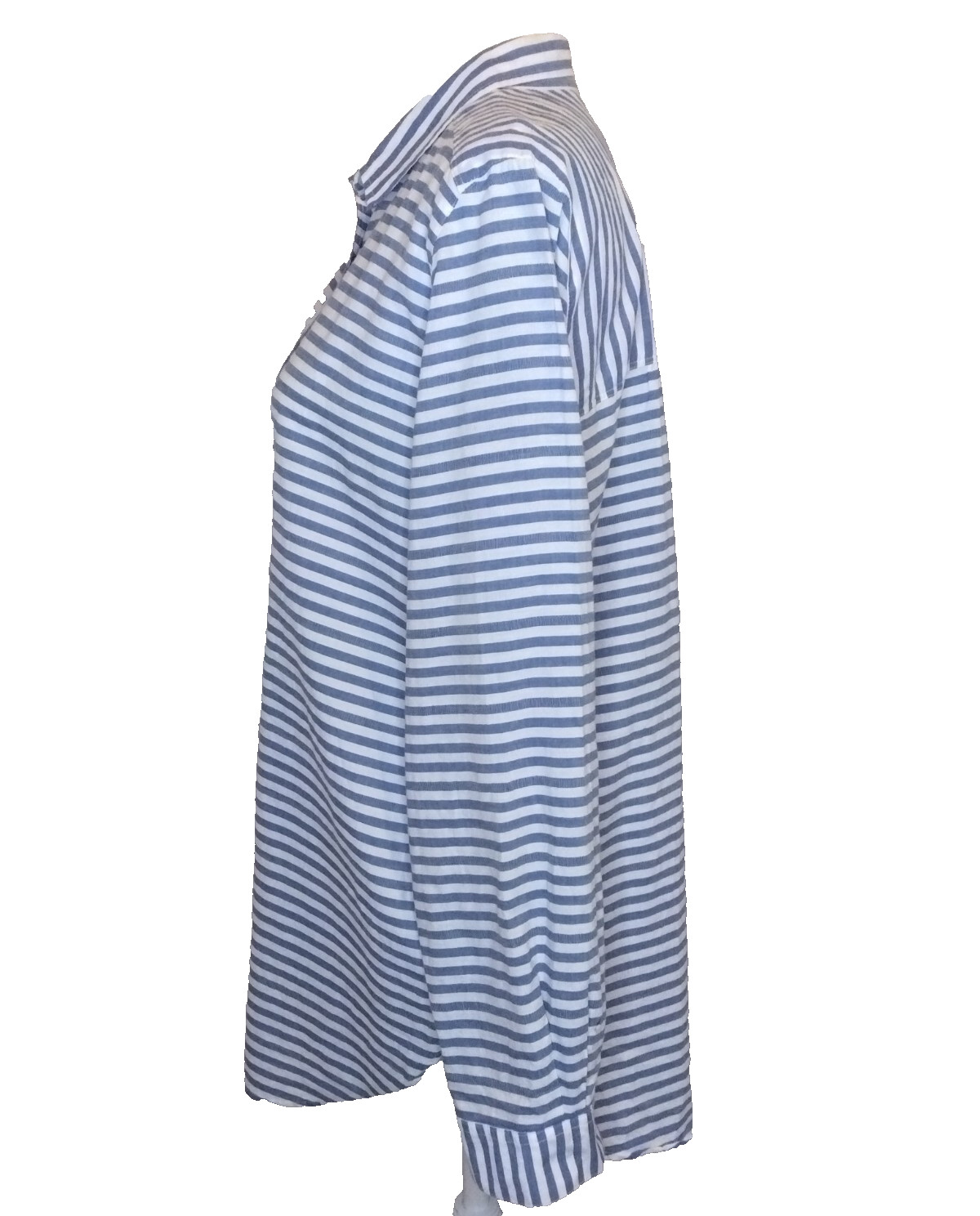 LOFT Women large Light Blue White Striped Button Up Long Tunic Shirt 100% Cotton