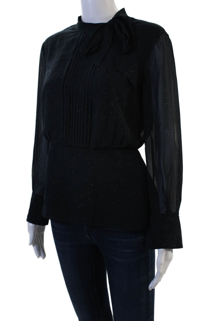 Ports Womens High Neck Tie Blouse Black Long Sleeve Polyester Size 4
