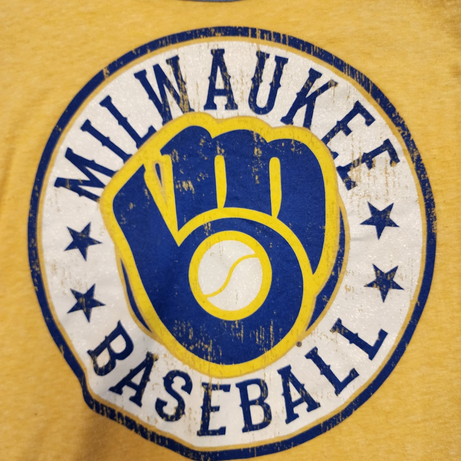 5th & Ocean Milwaukee WI Brewers Baseball L Raglan Top Blue Yellow MBL Sports