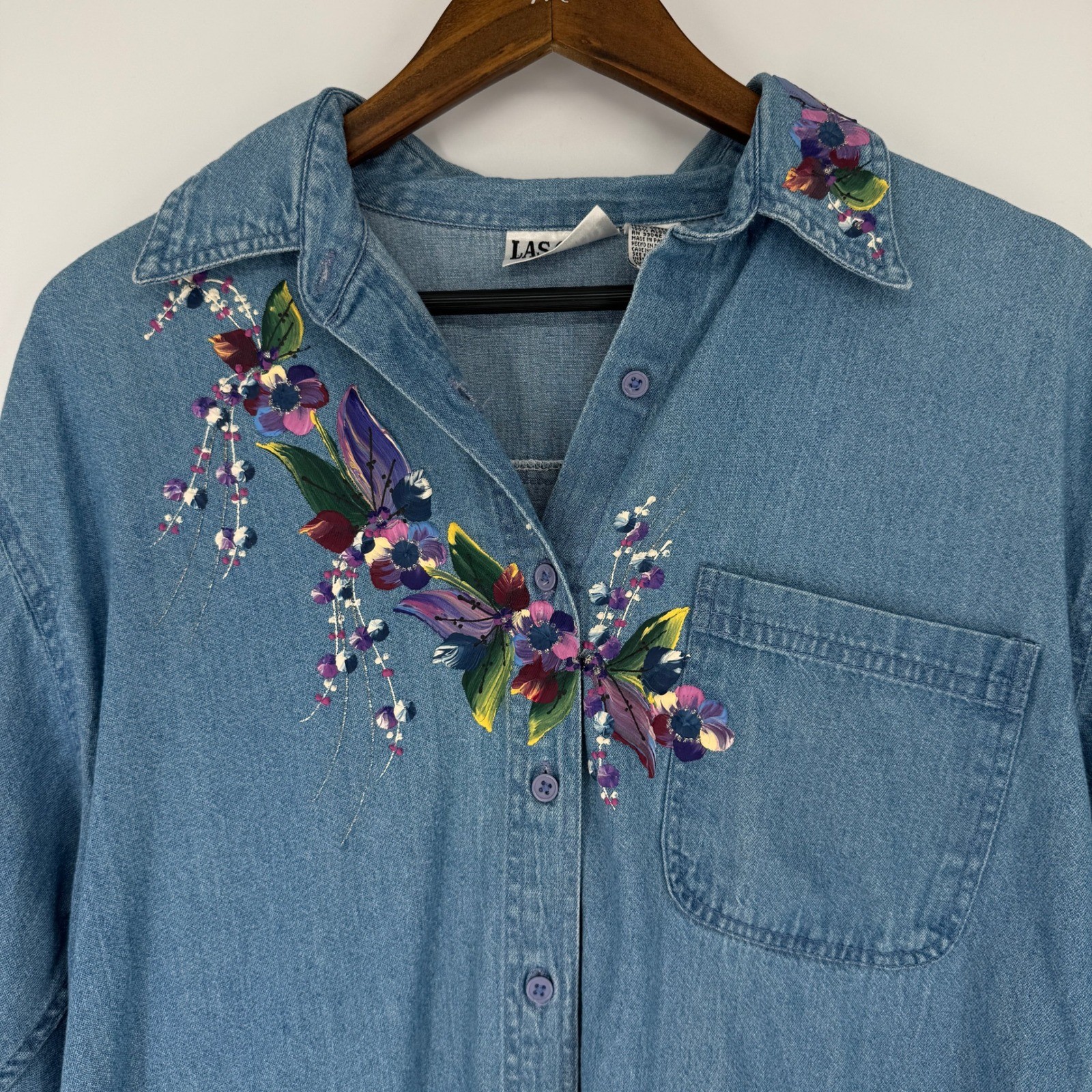 Vintage 90s Las Olas Denim Shirt Sz M Cotton Floral Painted Cottagecore Western