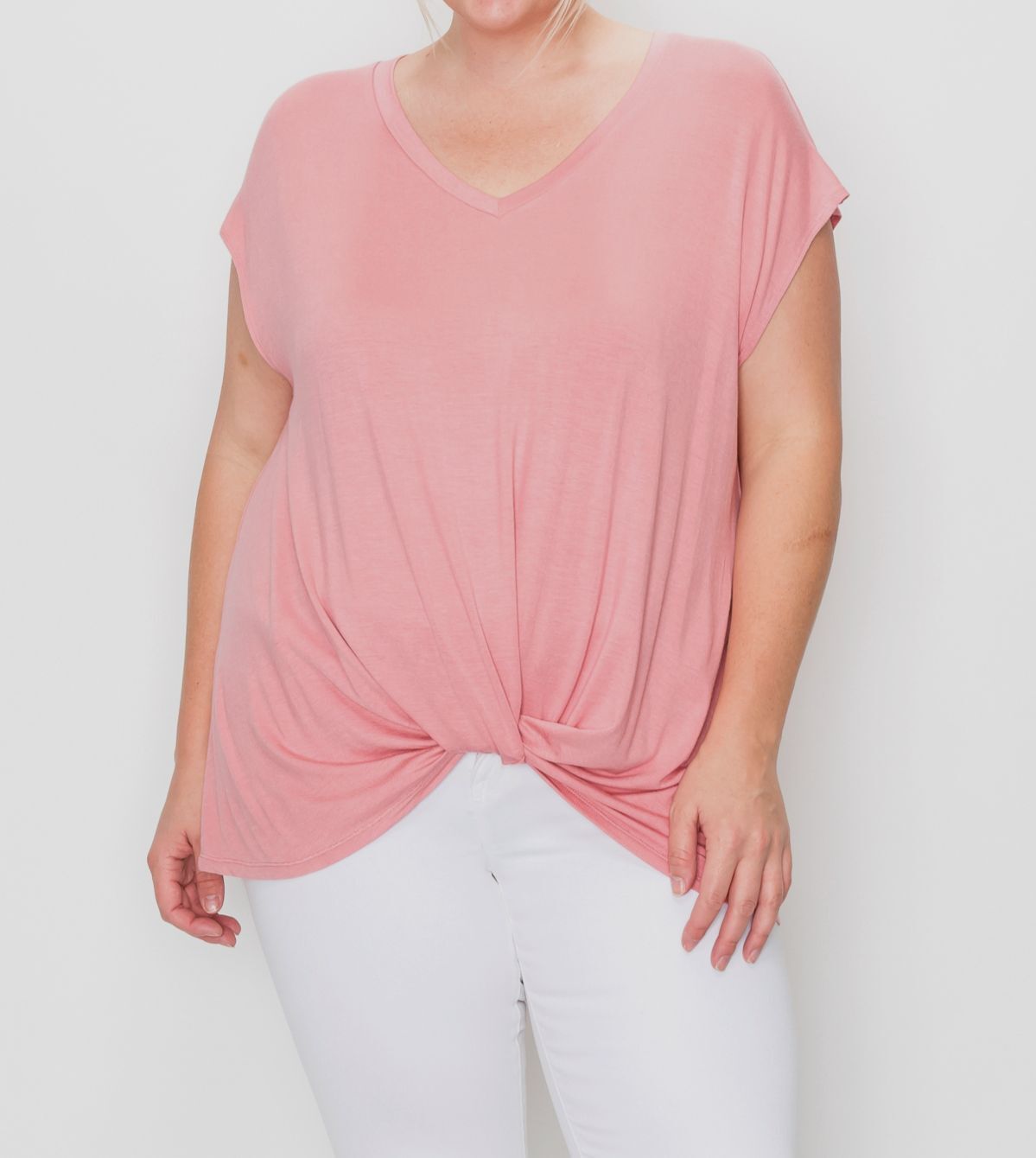 Coin 1804 Women’s Pink Twisted Front V-Neck Short Sleeve Blouse Plus Size 1X