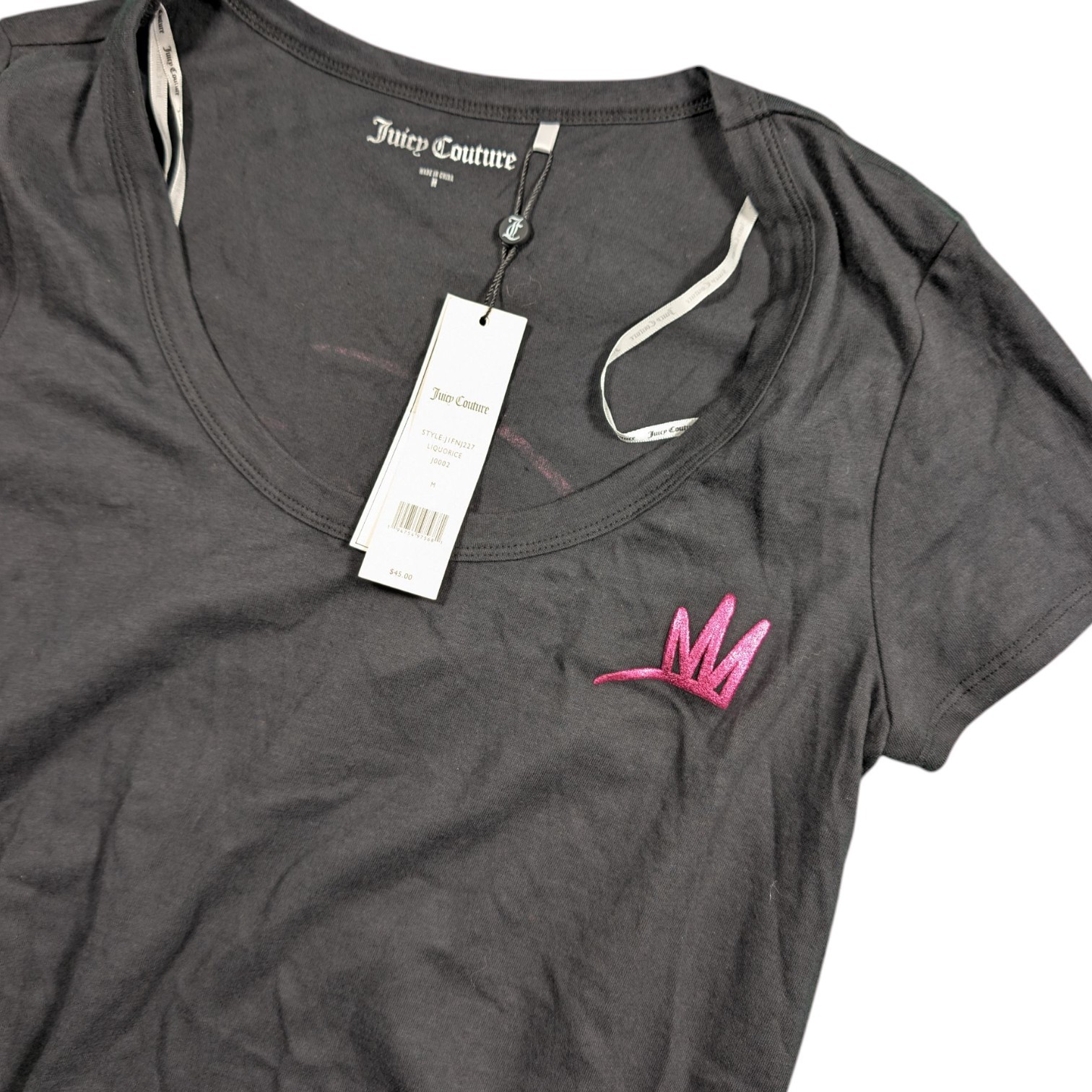 NWT Juicy Couture Black Licorice Embroidered “Stay Juicy” Logo Tee Fitted Size M
