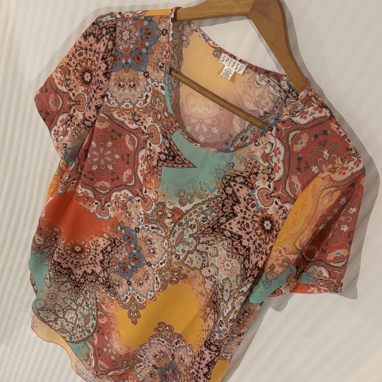 Spense Semi Sheer Blouse Top Medium Boho Floral Paisley Sheer Hi-Low QQ-24