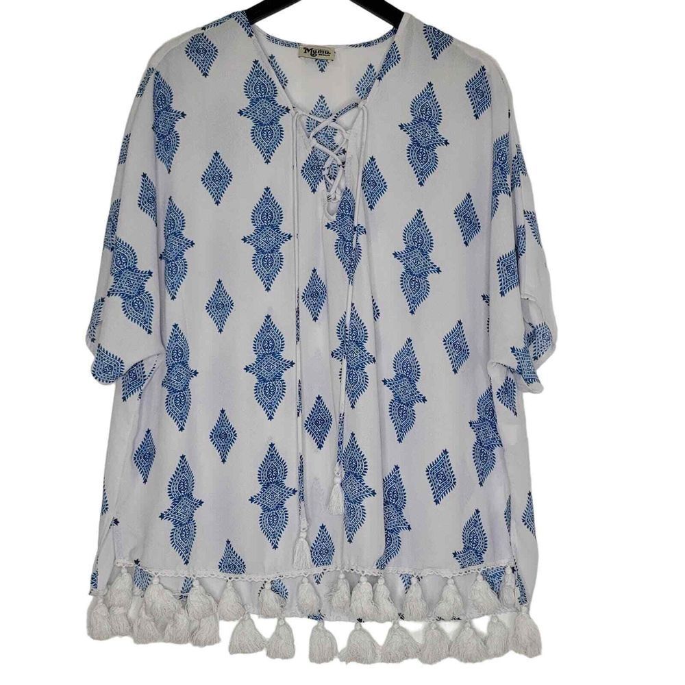 Show Me Your Mumu Tennessee Tunic Top M Blue White Boho Tassels Vacation Resort