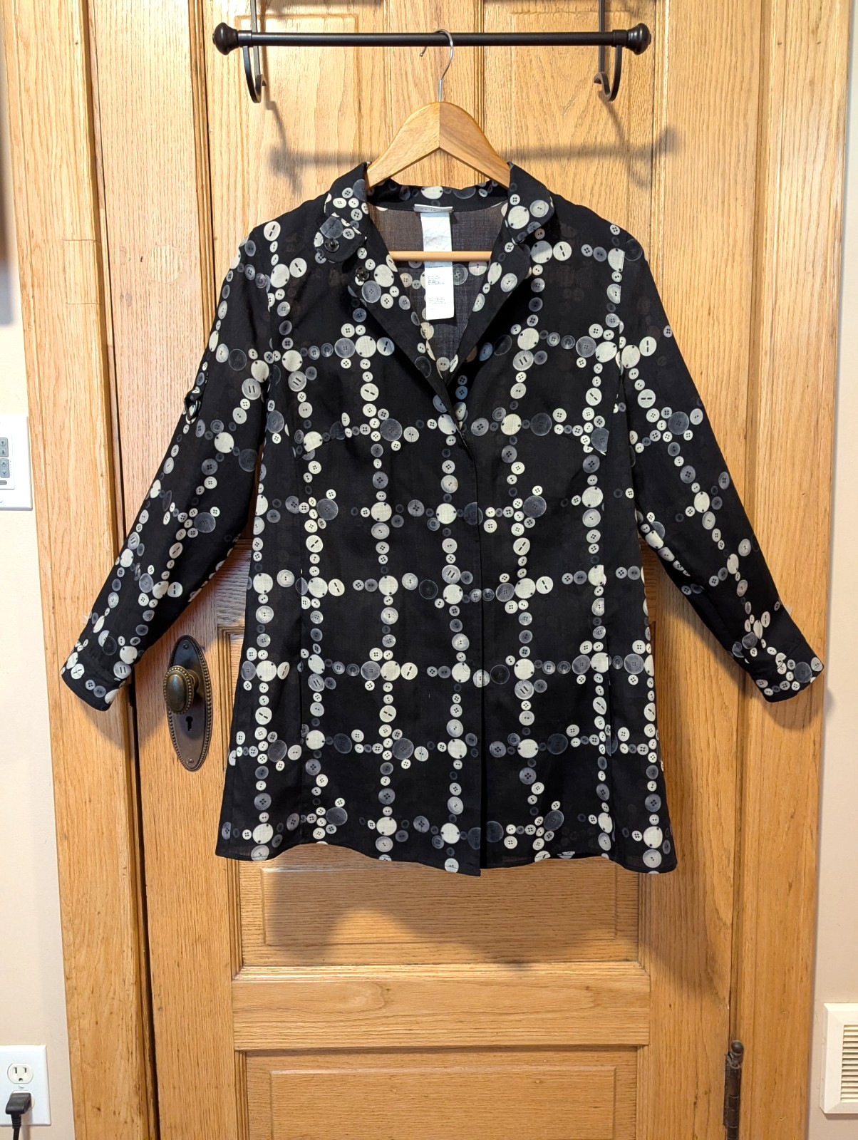 $800 Akris Punto sz 8-10 Wool Button Print Blouse Tunic Top Long Mandarin Snap