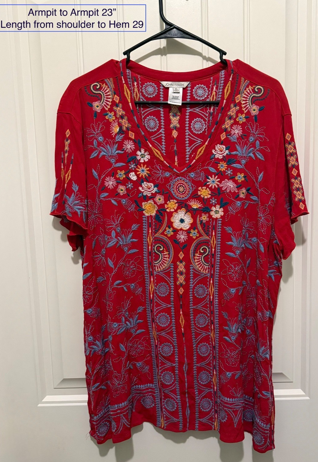 John Mark Womens Red Floral Embroidered V-Neck Short Sleeve Top/Tunic Sz. XL