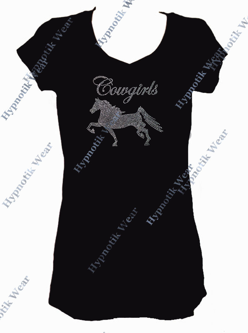 Women’s Rhinestone T-Shirt ” Cowgirl ” Horse in S, M, L, 1X, 2X, 3X