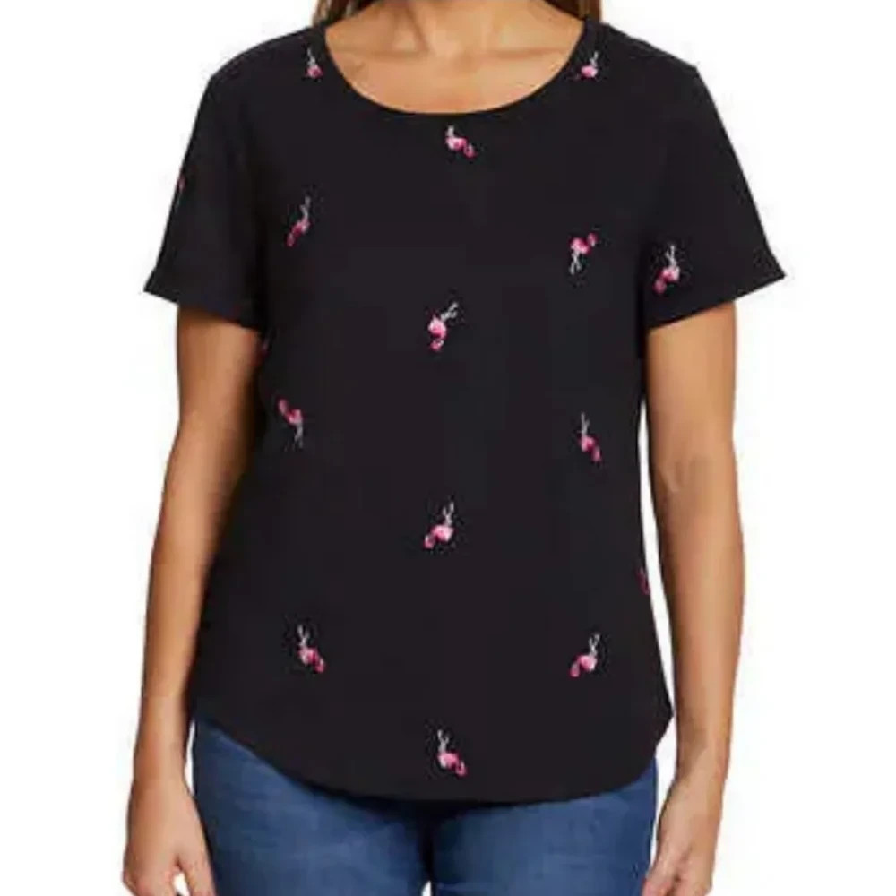 NWT Vintage America Ladies Embroidered Black Flamingo Short Sleeve Top 1586161