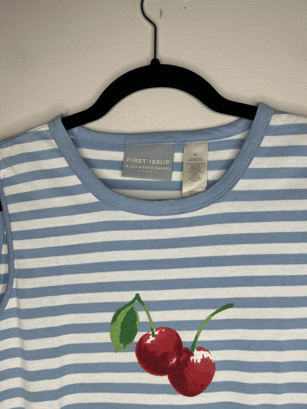 First Issue Liz Claiborne Blue White Striped Cherry Tank Top Y2K Size Medium NWT