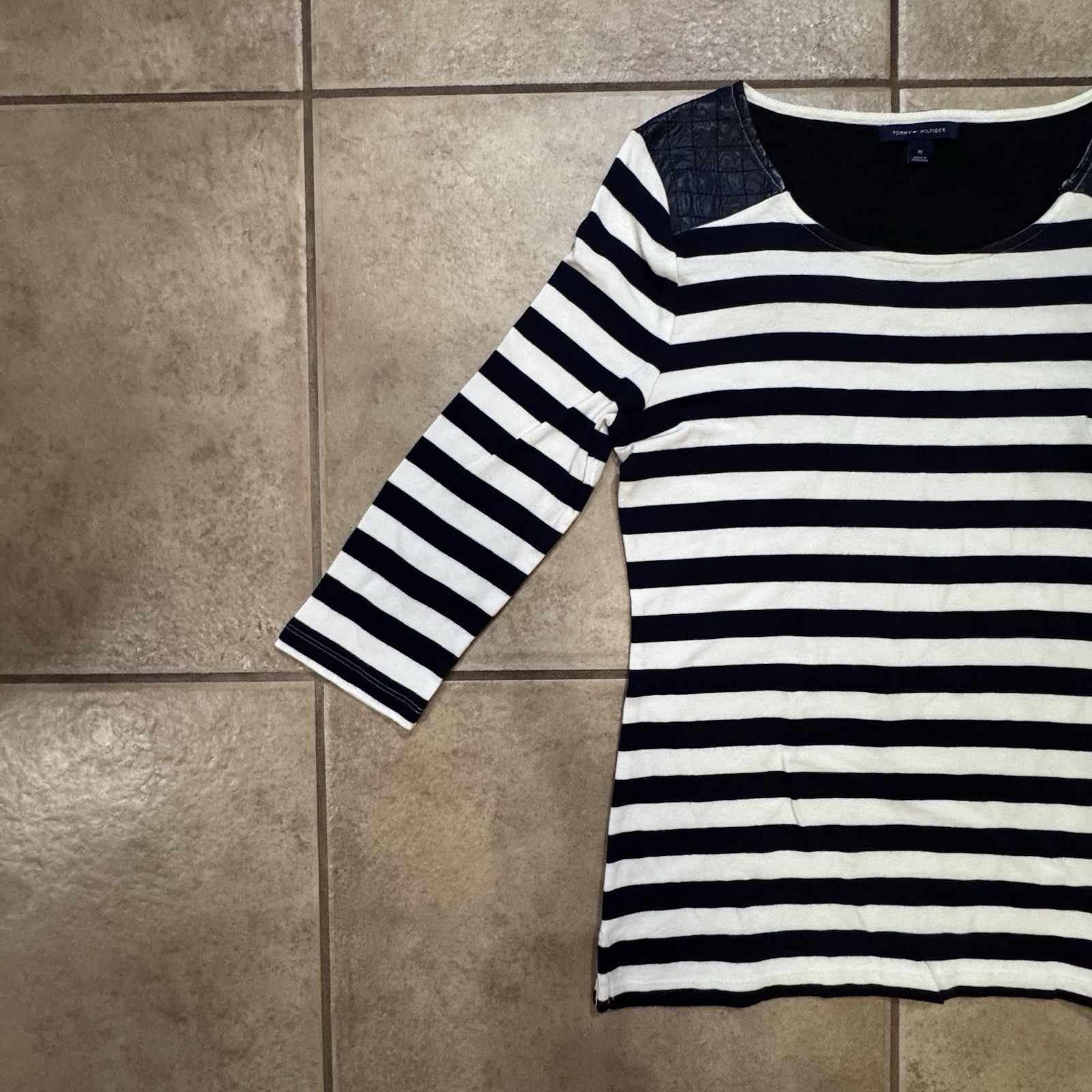 Womens Tommy Hilfiger Gray & Black Striped Boat Neck Shirt 100% Cotton Medium