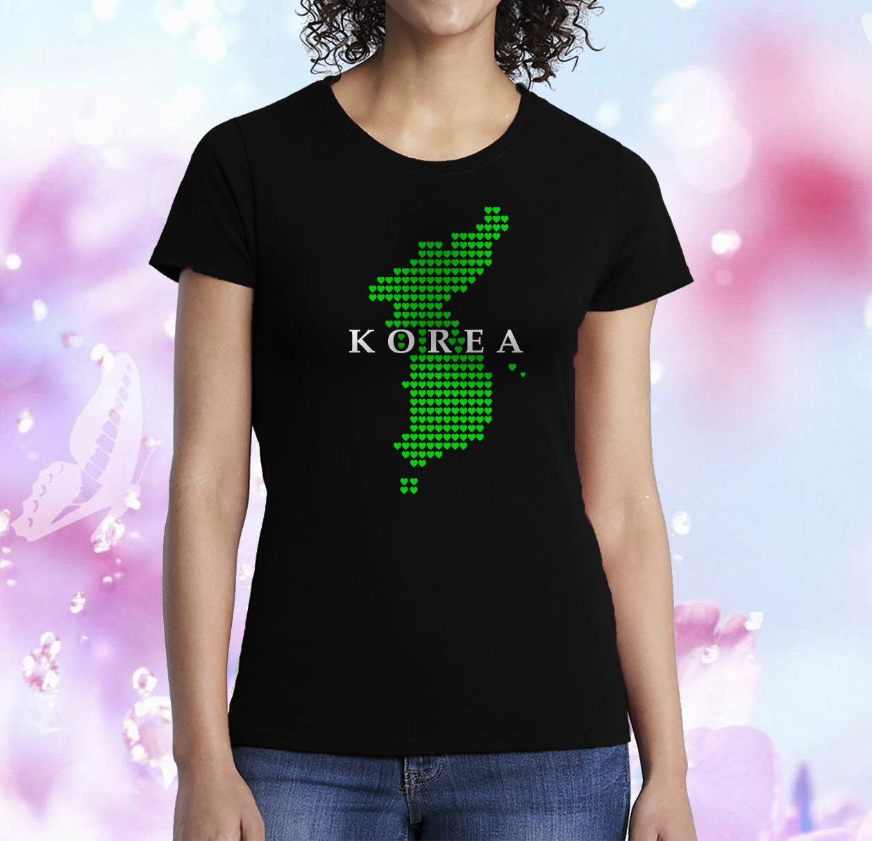 Korea Heart Map Korean Love Women Lady’s Black T-shirt 100% Cotton Tee