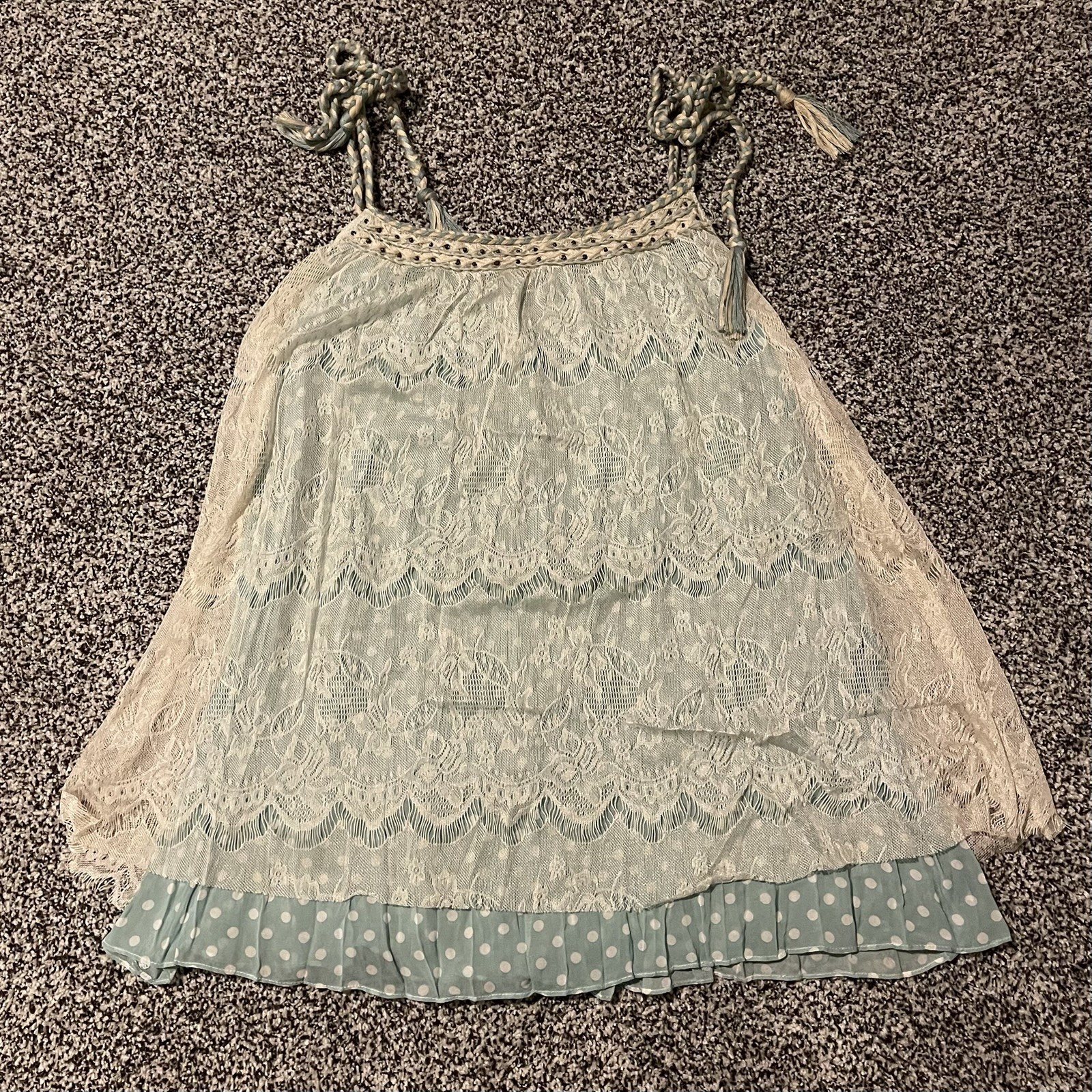 Mystree Lace Camisole Top M Sage Green Polka Dot Ruffle Braided Tassel Straps