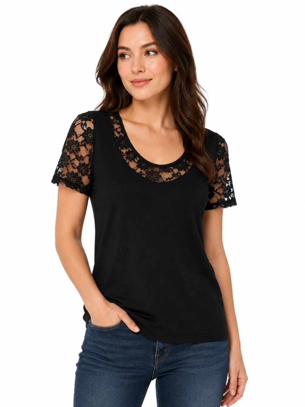 Pink Clover Black Lace Scoop Neck Black Short Sleeve Blouse Size XS NWT