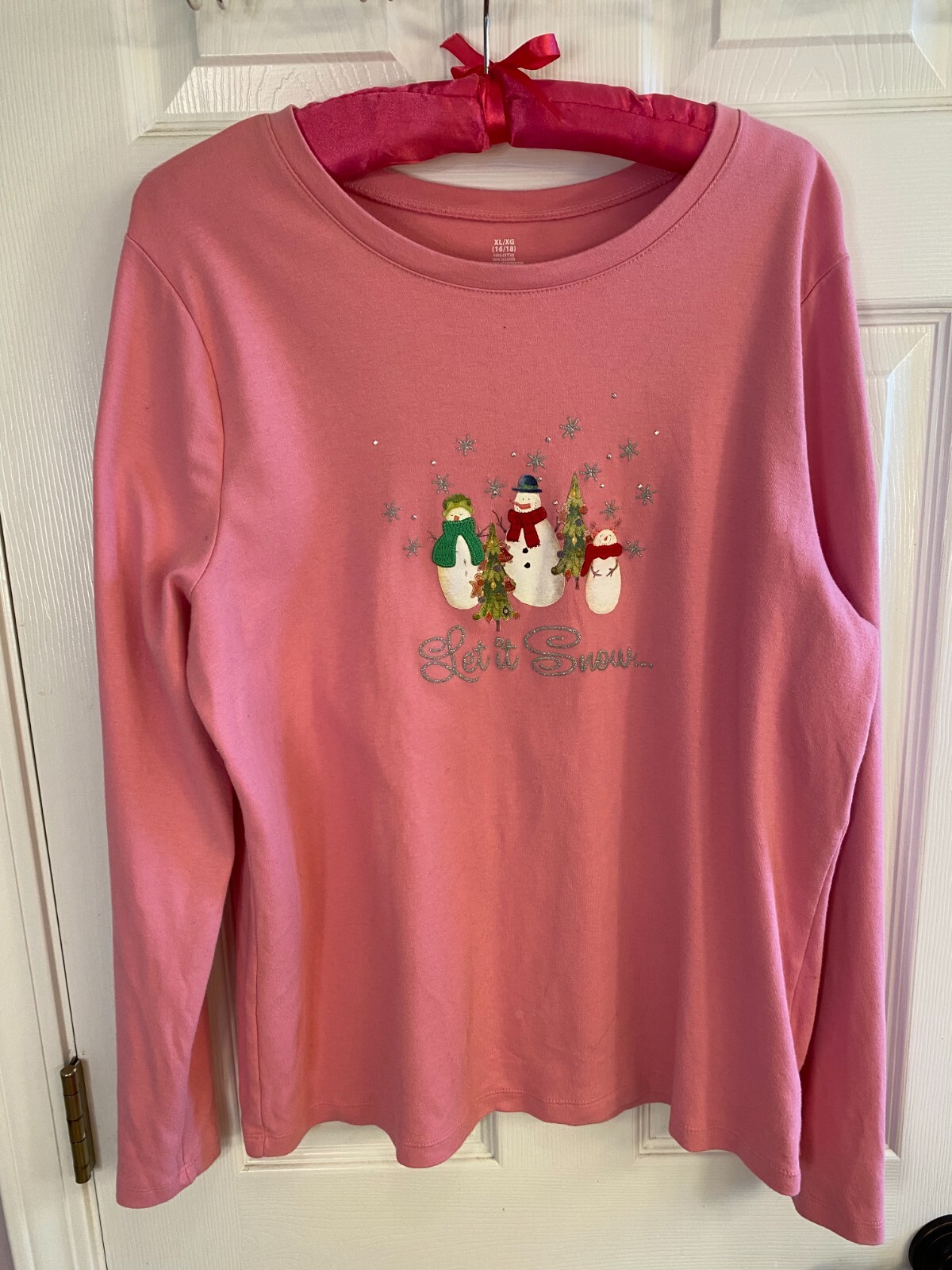 Christmas Yule Blouse Top Cotton Jersey Snowmen “Let It Snow” Pink XL EUC R393