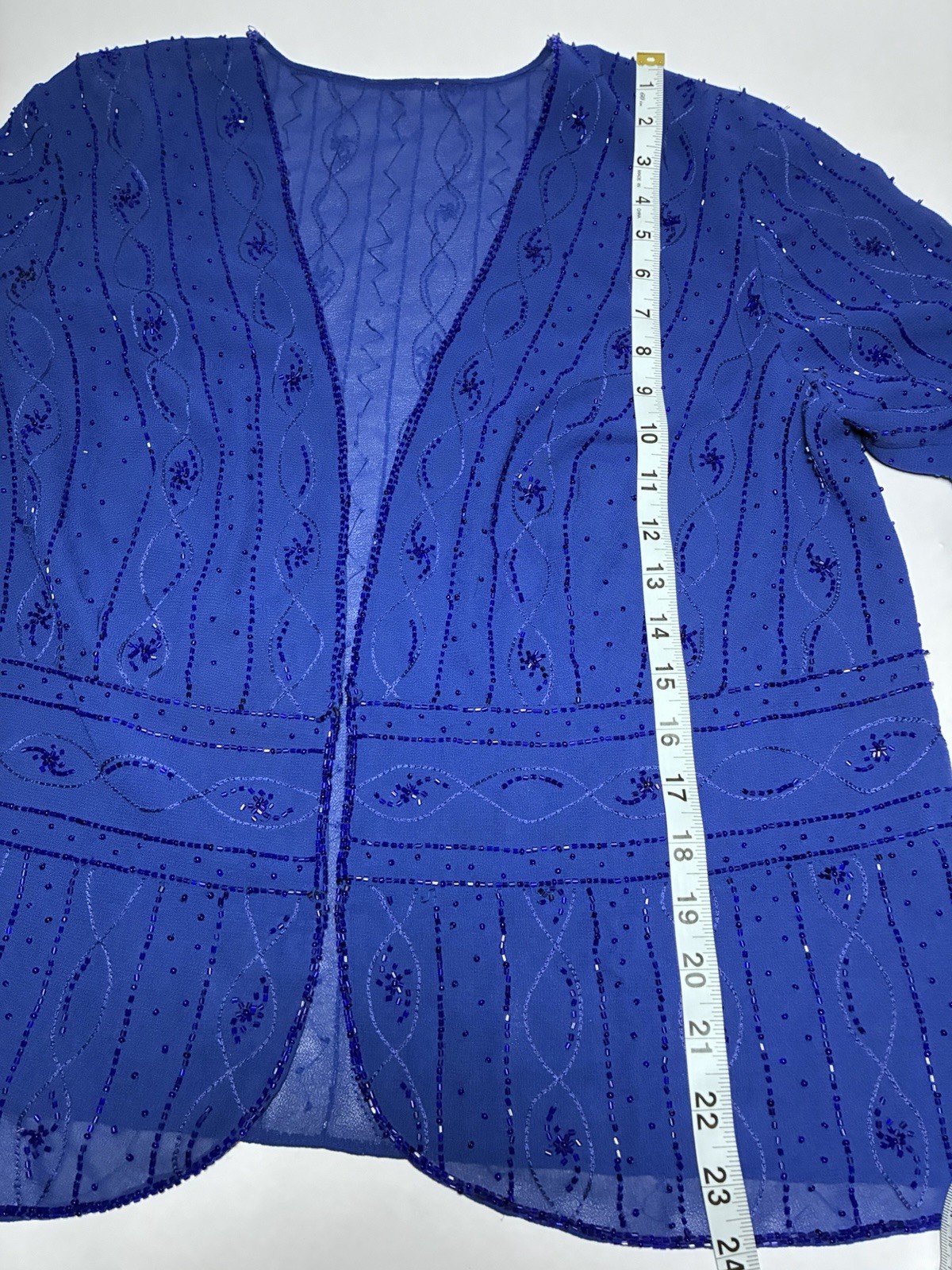 Blue Sheer Beaded Sequin Embroidered V-Neck Open Front 3/4 Sleeve Shrug