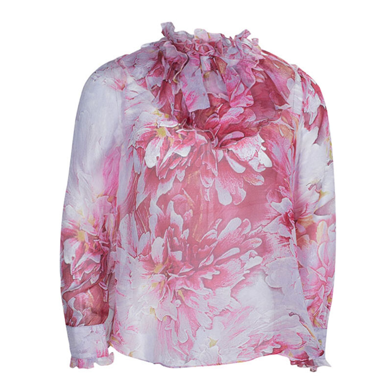 Roberto Cavalli Angels Pink Floral Printed Silk Ruffle Long Sleeve Top 6 Yrs