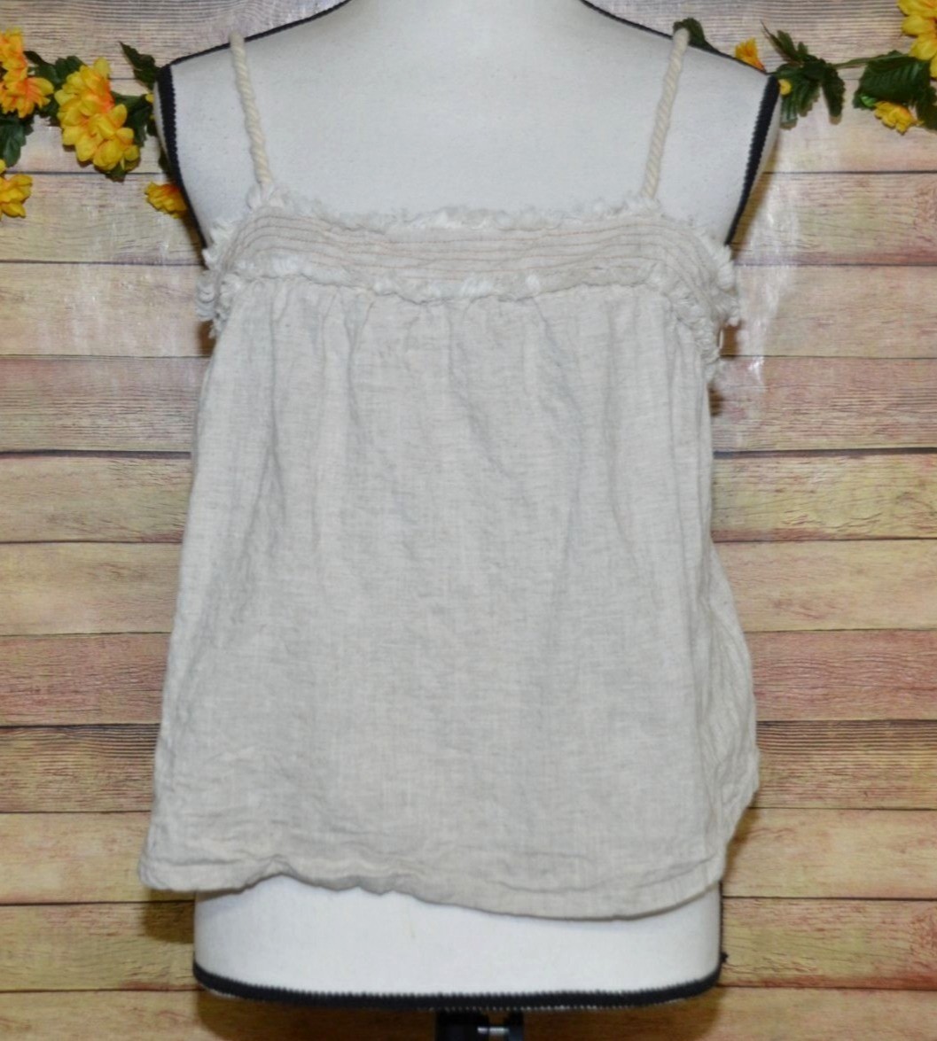 Moon River Shabby Chic Beige Crop Tank Top Size M Linen Blend Fringe Rope Strap
